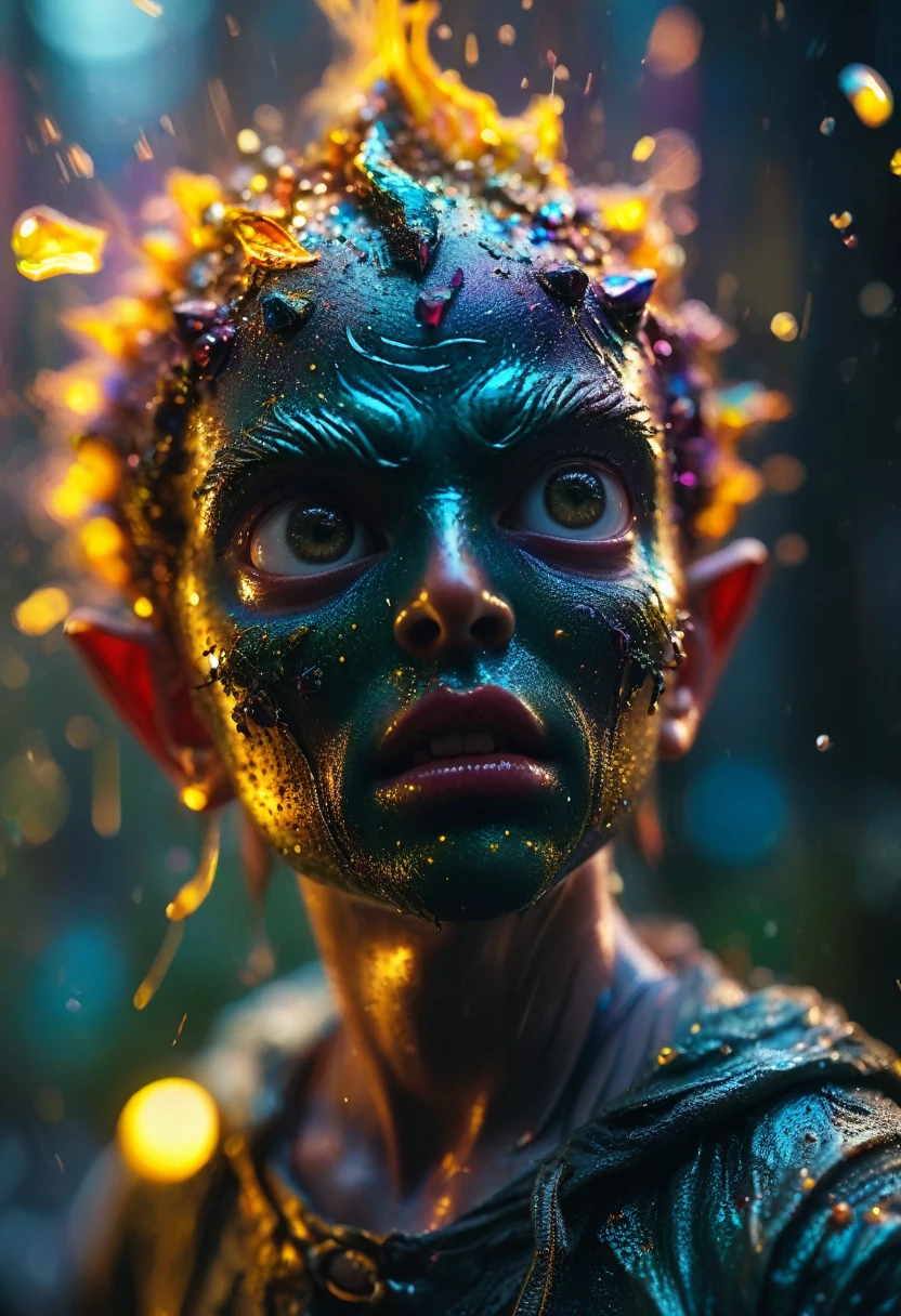 photo poster of a horror movie. Dark and creepy, (creepy demon with a large head and a miniature body), slippery, David Palumbo style, Adam Martinakis, Thomas Alain Koper, rim light, chiaroscuro, HDR 8K, UHD, high quality, Grain, Fujifilm XT3 F/11 and ISO 100 at about 1/30 (deep focus), cinematography, 16K, beautiful eyes,
ideal students. Particle effect, fog, explosions, debris, broken glass effect, no background, deafening, something that doesn't even exist, mythical creature, energy, molecular, textures, iridescent and luminescent scales, breathtaking beauty, pure perfection, divine presence, unforgettable , Impressive,
breathtaking beauty, Volumetric light, auras, rays, bright colors reflect ))), Miki Asai Macro photography, Close-up, hyper detailed, trending on artstation, sharp focus, studio photo, intricate details, highly detailed, Greg Rutkowski