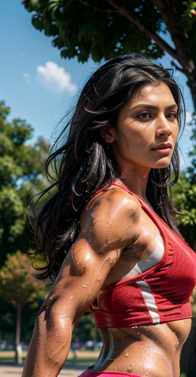 (best_quality:1.5), (hyperrealistic:1.5), 32_year_old_muscular_turkic_woman, straight_long_black_haired, brown_eyed, tanned_fair_skin, (running_in_park), front_view, (side_view), (back_view), toned_abs, wet_hair, wet_body, (red_fitness_clothes), (skin_texture:1.5), (high_detail_face:1.5)