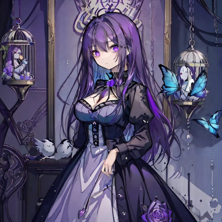 1 girl,Purple Hair,Long Hair,Purple Eyes,Sharp Eyes,Mature,Ample breasts,Black Dress,in a bird cage,Trapped,Chained,Expressionless,Antique bird cage,大きなin a bird cage,Blue rose,Blue Butterfly,