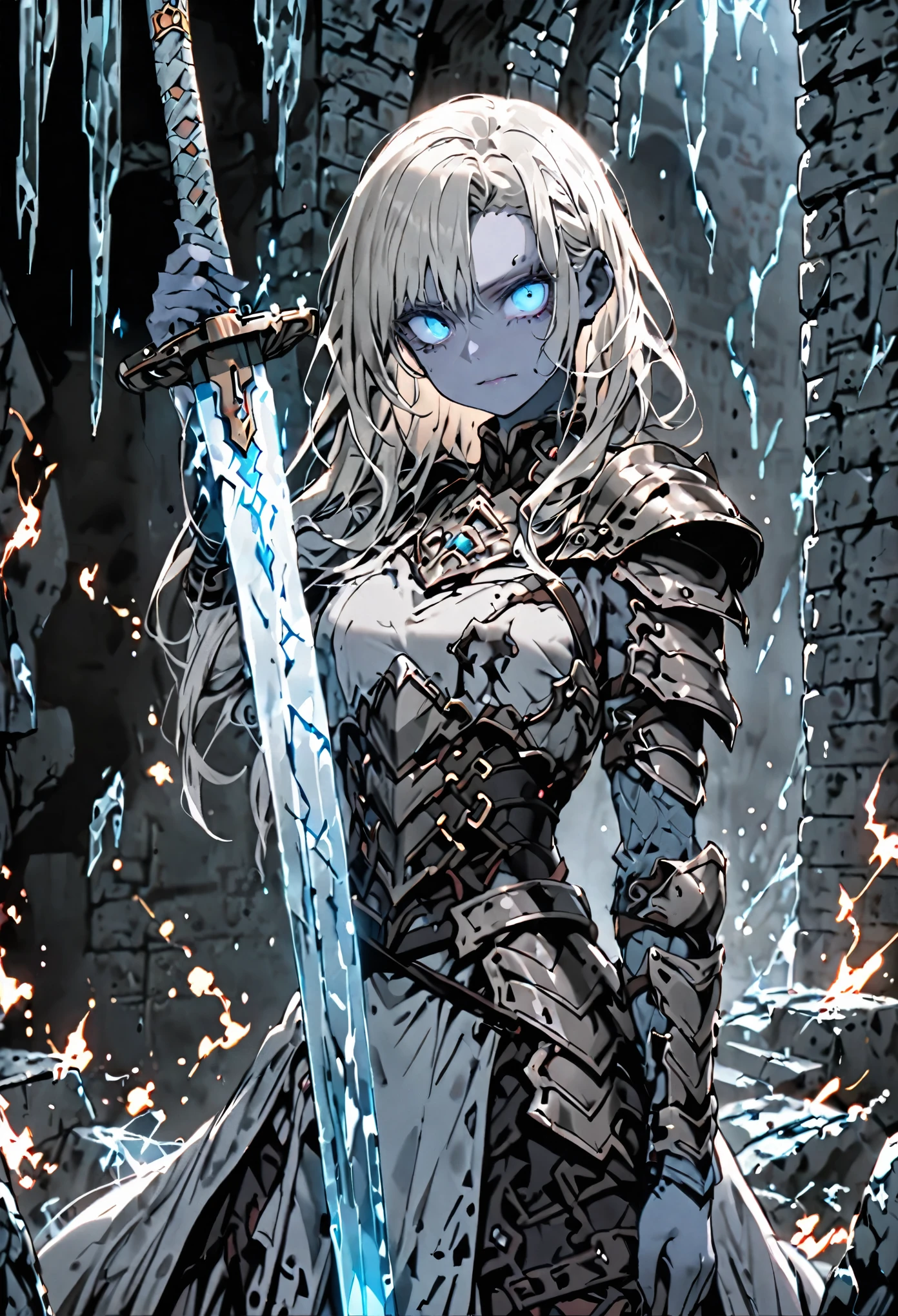 solo, female, sfw, medium shot, ancient armor:1.2, platinum blonde, undead, grey skin, glowing ice blue eyes, bastard sword, faint smile, tall, dungeon, decaying