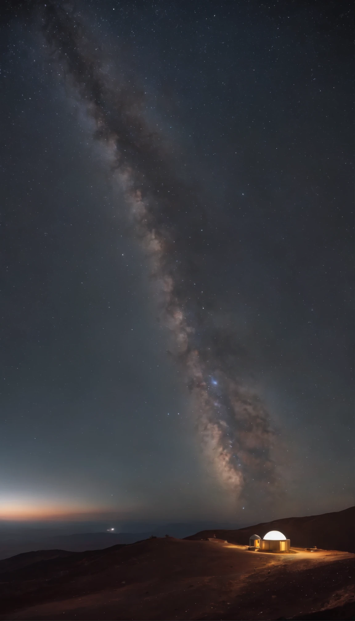 With high-definition images、We'll take you to the observation deck of Mauna Kea in Hawaii.。Detailed starry sky、Witness the awe-inspiring act of observing the stars outside。Realistic CGI brings this scene to life、Added Octane rendering for increased visual fidelity。The top light illuminates every detail、A cinematic perspective with a low camera angle、Immerse yourself in the enchanting night view。ISO 200 ensures a perfect balance of light and shadow.、Delivering an 8K masterpiece of unparalleled beauty。In the background is an observatory with the Milky Way galaxy visible.