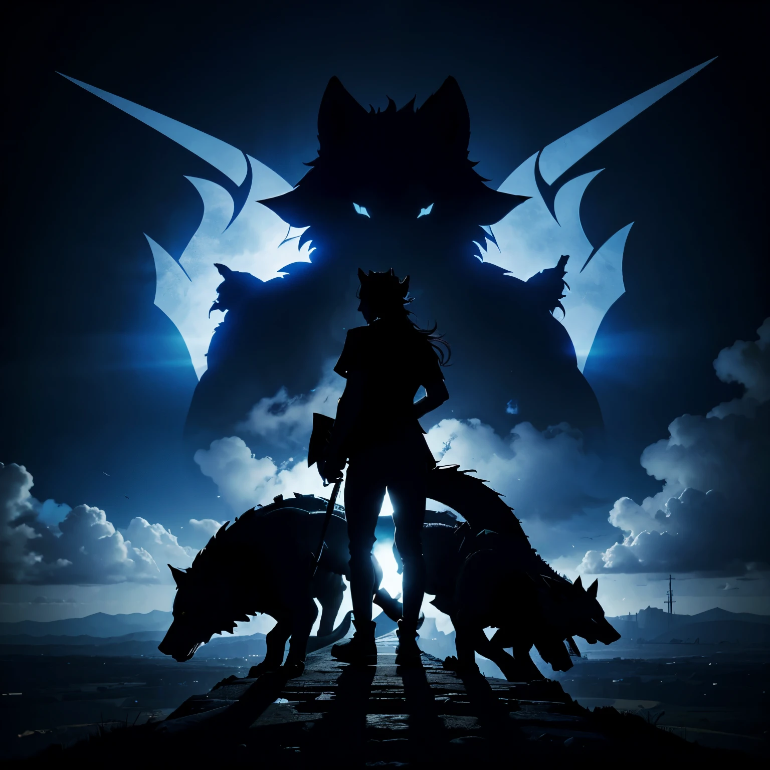 gamer goods store logo with the silhouettes of a wolf and an anime-style dragon