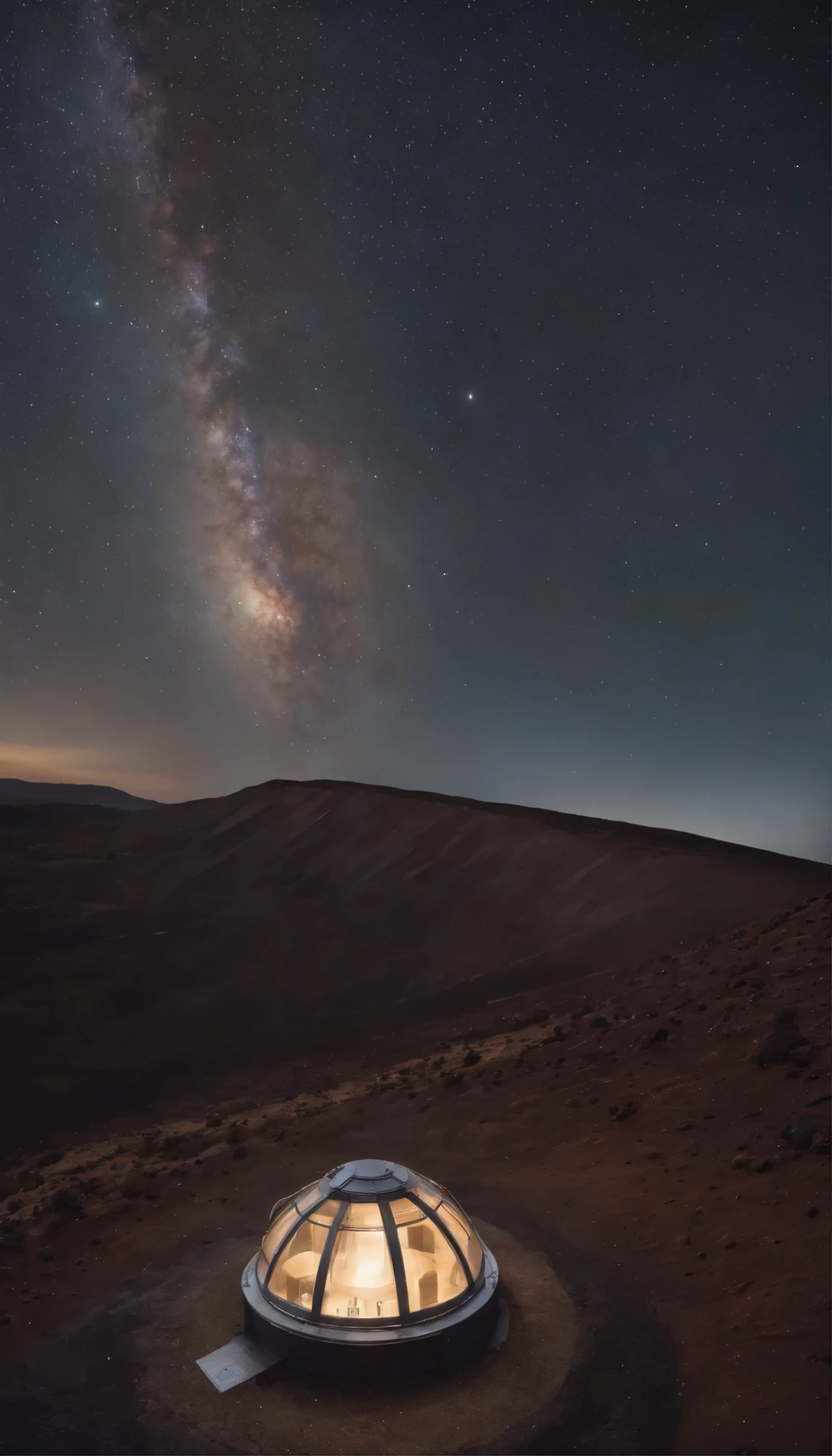 With high-definition images、We'll take you to the observation deck of Mauna Kea in Hawaii.。Detailed starry sky、Witness the awe-inspiring act of observing the stars outside。Realistic CGI brings this scene to life、Added Octane rendering for increased visual fidelity。The top light illuminates every detail、A cinematic perspective with a low camera angle、Immerse yourself in the enchanting night view。ISO 200 ensures a perfect balance of light and shadow.、Delivering an 8K masterpiece of unparalleled beauty。In the background is an observatory with the Milky Way galaxy visible.