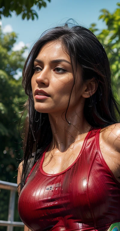 (best_quality:1.5), (hyper-realistic:1.5), 32_year_old_muscular_turkic_woman, straight_long_black_haired, brown_eyed, tanned_fair_skin, (running_in_park), front_view, toned_abs, wet_hair, wet_body, (all_red_fitness_clothes), (skin_texture:1.5), (high_detail_face:1.5)