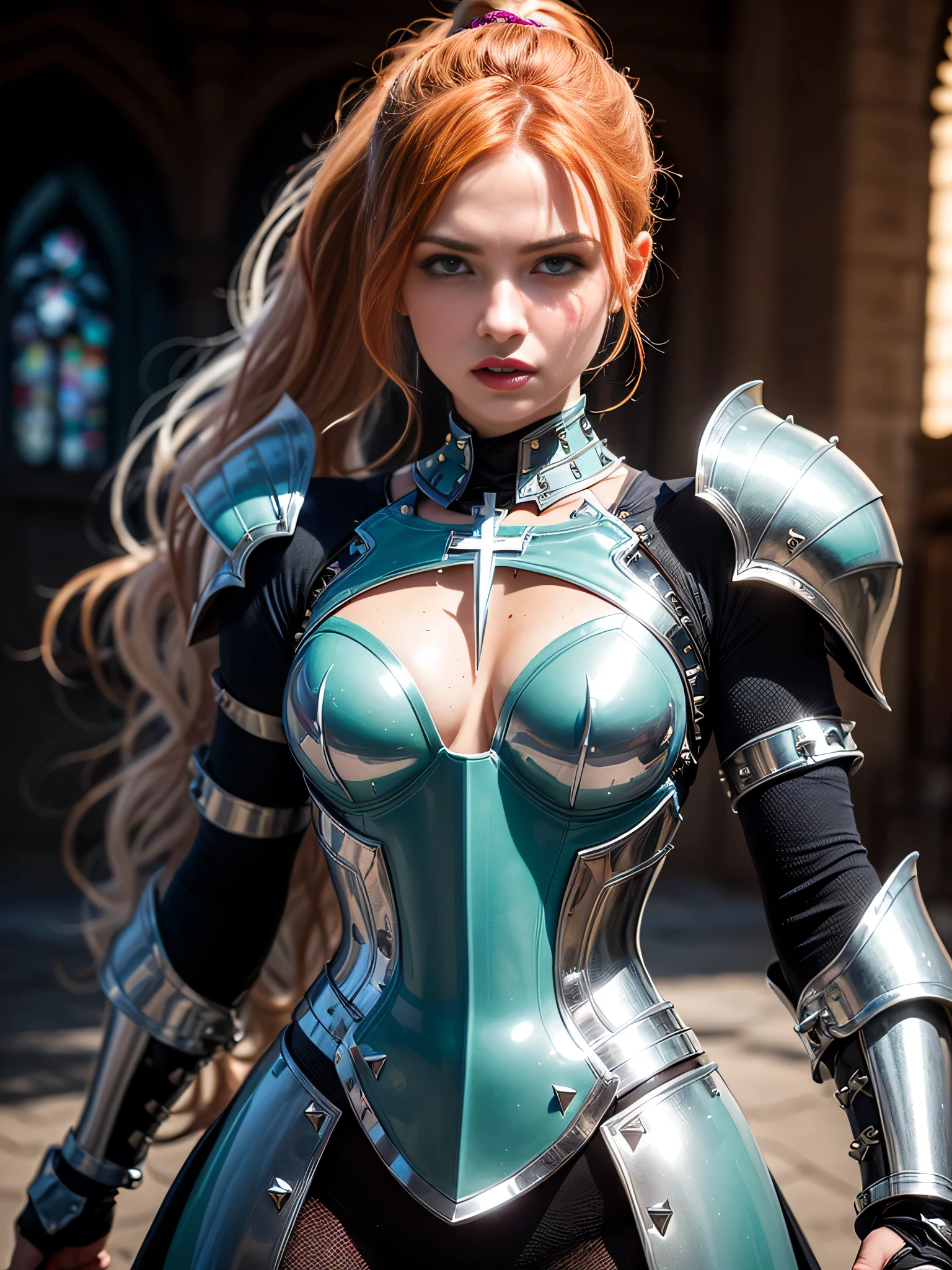 ((best quality: 1.5)) ((masterpiece)), intricate details, sharp focus, professional, photorealistic, real life, realistic representation of the face, ((((solo, 1girl) muscular assassin, (intense expression, metallic lipstick, ([flat chest:medium breasts:0.8]))))) bright glow, dynamic pose, beautiful face, ((film grain, blurry background, blurry foreground, bokeh, depth of field, sunset, interaction)), battlefield, plains, tall grass, solo, BREAK; BREAK (((long wavy [pink hair:bright ginger hair:0.4], ponytail, blackout gothic eyeshadow))), (freckles: 0.9), (((body tattoo: 1.2))), ((fujicolor)), BREAK; BREAK ((((medieval paladin, (carbonfiber seafoam armor:1.7, closeup breastplate, ((cleric, holy symbol, chrome rivets)))), photorealistic, hyper-realistic)))