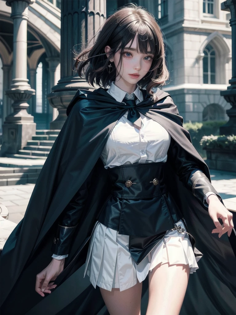 whole body, hogwarts teacher, necktie, cloak, skirt, absurdres, RAW photo, extremely delicate and beautiful, masterpiece, Best Quality, ultra high resolution, 32k, hyperrealistic, ultra-detailed, detailed description, pale skin, 20 years old, detailed beautiful face and eyes, tearful mole, earring, Colossal tits, short medium hair, wavy hair,