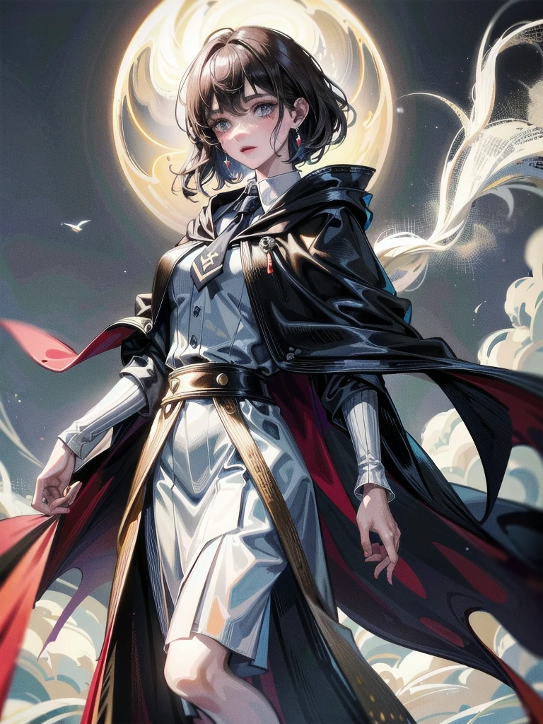 whole body, hogwarts teacher, necktie, cloak, skirt, absurdres, RAW photo, extremely delicate and beautiful, masterpiece, Best Quality, ultra high resolution, 32k, hyperrealistic, ultra-detailed, detailed description, pale skin, 20 years old, detailed beautiful face and eyes, tearful mole, earring, Colossal , short medium hair, wavy hair,