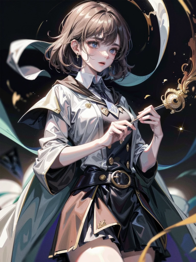 whole body, hogwarts teacher, necktie, cloak, skirt, absurdres, RAW photo, extremely delicate and beautiful, masterpiece, Best Quality, ultra high resolution, 32k, hyperrealistic, ultra-detailed, detailed description, pale skin, 20 years old, detailed beautiful face and eyes, tearful mole, earring, Colossal tits, short medium hair, wavy hair,