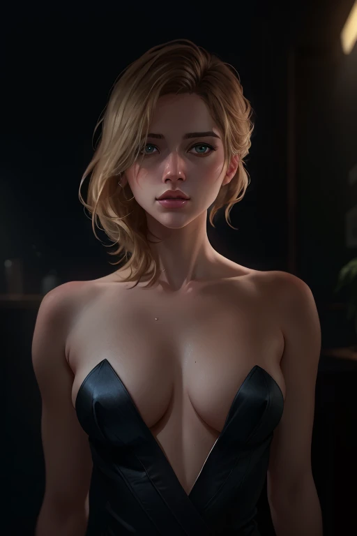 (Sci-fi fantasy), (masterpiece), (1 beautiful alice),Resident Evil universe, (Professional Oil Painting) (highest quality), (8k resolution), (1 beautiful girl),Slender figure,Small breasts,Deep Shadow, an ominous, Award-winning photo, highest quality, masterpiece, Upper Body, woman, Windblown blonde hair, Emerald Eyes, Modern strapless dress by Jeremy Lipking, Antonio J.. Manzanedo, By Lee Jeffries Nikon d850 film stock photos 4 Kodak portra 400 camera f1.6 Lenses、Rich colors、Ultra-realistic and realistic texture、Dramatic lighting、Unreal Engine、Cinestill 800, a hot topic on Artstation, Fisheye Lens,