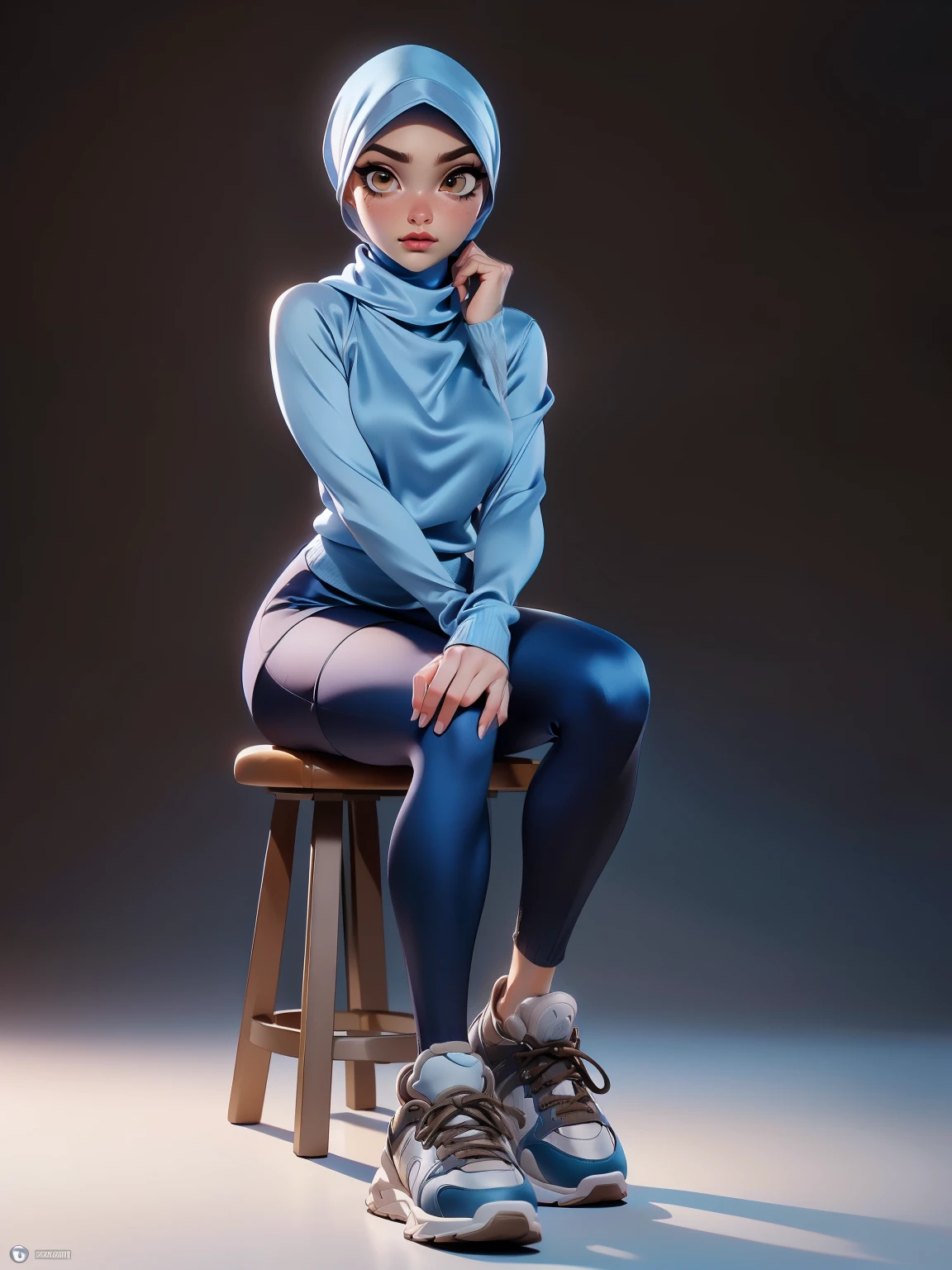 3DMM, ((Masterpiece, best quality, photography, detailed skin, realistic, photo-realistic, 8k, highly detailed, full body, High detail RAW color art, diffused soft lighting, shallow depth of field, sharp focus, hyperrealism, cinematic lighting, hijab, a woman in a beautifully makeup, eyeshadow, beautiful big eyes, ((Brown eyes)), long eye lashes, wearing (Pewter satin hijab), loosely tide hijab style, ((Blue satin turtleneck sweater)), long black lagging, sport shoes, exercise, single legs to chest, stretching, sakura garden