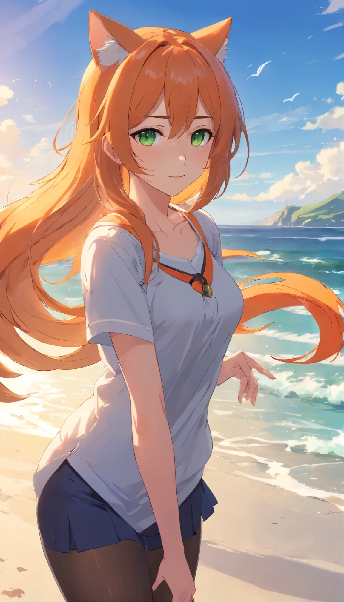 anime girl with long orange hair standing on beach near ocean, green eyes detailed digital anime art, cat ears, , anime girl with long hair, smooth anime cg art, anime girl with long hair, digital anime art, artwork in the style of guweiz, beautiful anime portrait, photorealistic anime girl render, beautiful anime girl, advanced digital anime art, pantyhose, guweiz on artstation pixiv upscale HD UHD HQ