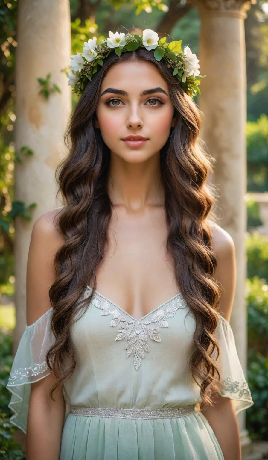 best quality,ultra-detailed,beautiful Greek girl with Latin roots,long wavy hair,gorgeous detailed eyes,beautiful detailed lips,stunning appearance,soft and radiant skin,flower crown,lovely smile,ethereal beauty,vibrant colors,magical lighting,bokeh,classic oil painting style,romantic atmosphere,lush green garden background,majestic Greek columns,serene and peaceful setting,mysterious aura,graceful pose,feminine and elegant,storytelling,romantic fantasy,mythical vibes,artistic masterpiece