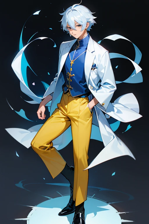 RPG Maker Anime Style , semi realistic, clad in a dark blue Barong Tagalog. The teacher, resembling a scientist, wears a long white lab coat over a casual blue shirt, untucked. His light, dark yellow pants match the hue of aged cheese, complemented by black shoes for a polished look."