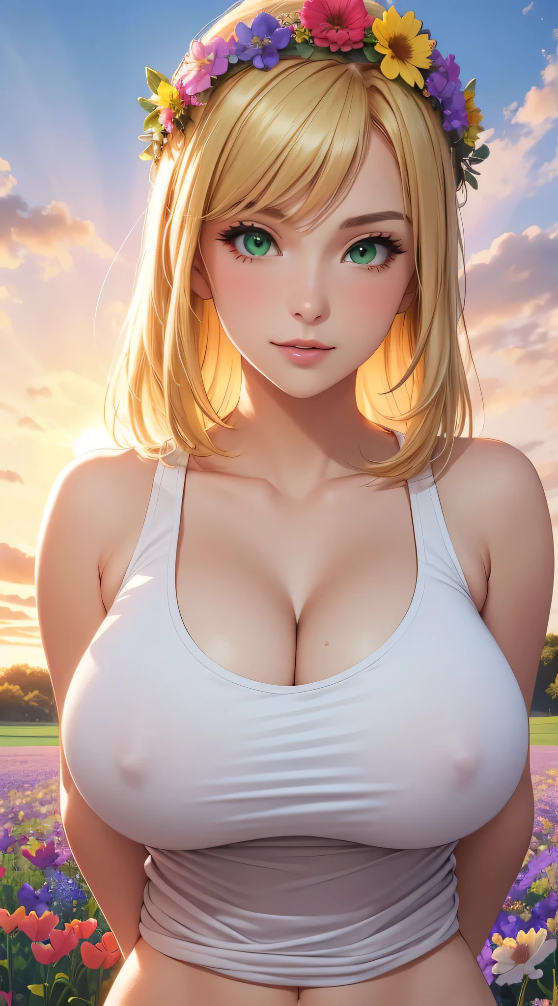 ((best quality)), sexy, blonde hair, green eyes, beautiful 30 year old woman, skimpy thin tank top, colourful flower field, massive breasts, colours, sexy, upper body, cleavage, sunset, sexy, flower crown,