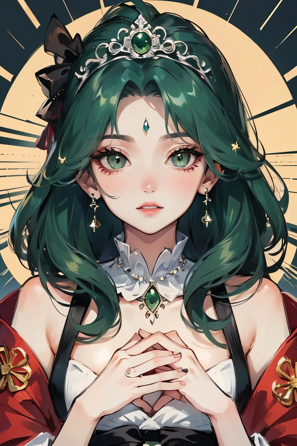 mujer de cabello blanco, con un vestido japones tradicional negro, ojos verde esmeralda, un collar de perlas verdes, una tiara negra con joyas verdes esmeralda, (detallado)