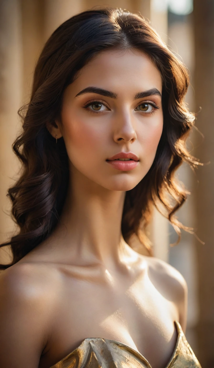 (a girl with extraordinary beauty,greek-looking,latin roots), (realistic,photorealistic:1.37),ultra-detailed, (best quality,highres:1.2), vivid colors, sharp focus, (concept artists,portrait:1.1), (impressive,exquisite face:1.1), (captivating,expressive eyes:1.1), (beautiful detailed lips:1.1), (long dark hair:1.1), (slim figure:1.1), (graceful, statuesque body:1.1), (elegant,poised pose:1.1), (bokeh,soft background:1.1), (warm golden light:1.1), (subtle classical sculpture references:1.1)
