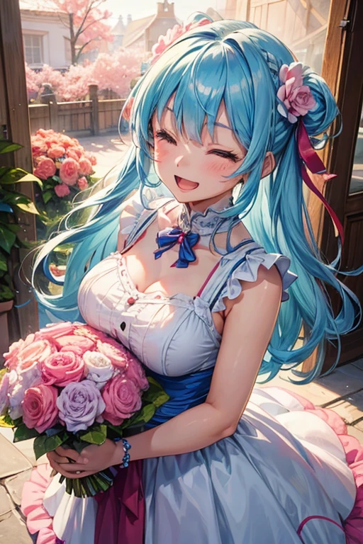 1girl,solo,cute,happy,bigsmile,light blue hair and long hair,close eyes,open mouth,have a pink and red carnation,in house