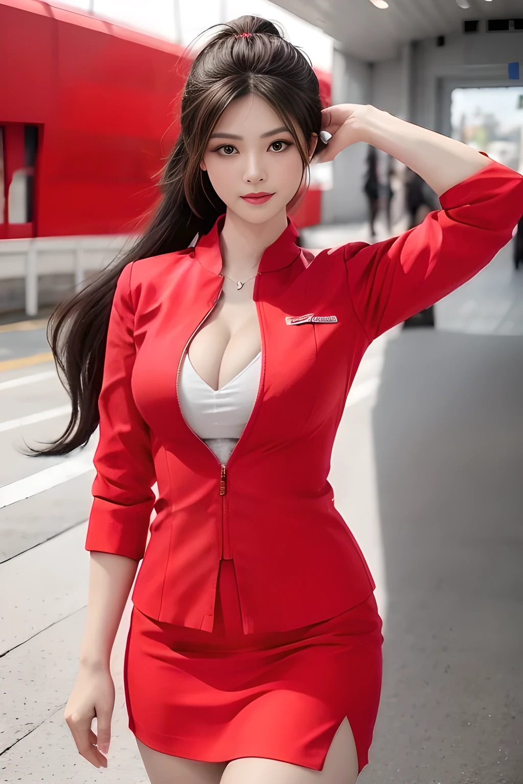 (masterpiece:1.2, highest quality:1.2), 32K HDR, High resolution, (alone、1 girl)、（At the airport entrance、Professional Lighting）、（Realistic style with AirAsia flight attendant uniforms）、（AirAsia uniform unzipped red jacket、AirAsia uniform long sleeve red jacket、AirAsia uniform red mini tight skirt、AirAsia uniform white shirt unbuttoned）、Big breasts showing cleavage、（AirAsia uniform shirt cleavage reveals big boobs）、Dark brown hair、ponytail、Red rubber band、（Long hair down to the waist、Tie your hair behind your head、Her tied-up long hair flutters in the wind）、A strong wind is blowing、Long Shot、（（Fine hand：2.0）），（（Harmonious body proportions：1.5）），（（Normal limbs：2.0）），（（Normal finger：2.0）），（（Delicate eyes：2.0）），（（Normal eyes：2.0））)、Luxury Necklace、Beautiful standing posture