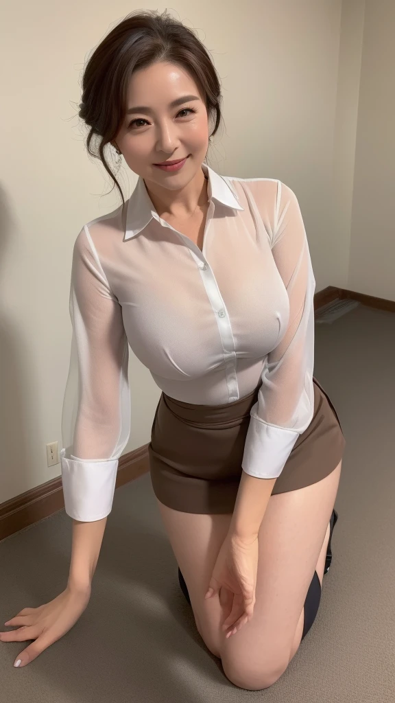 ((highest quality, 8k, masterpiece, Portraiture: 1.3)), (Observe the audience), 魅力的なビジネスのMature Woman, (1 person:1.3), A little chubby:0.35,(Brown hair up)、 White collared shirt, Grey mini skirt,(Big Breasts:1.1),(Large pelvis:0.8), smile:0.2、(((Mature Woman))), (((56 years old))),(All the buttons on the shirt are fastened:1.2),(See-through shirt:1.2),(Her erect nipples are slightly visible through the fabric:1.3),(No bra:1.2),Sexual charm,(No sleeve:1.3),((Kneeling with legs spread:1.4)),((Looking down angle:1.5))