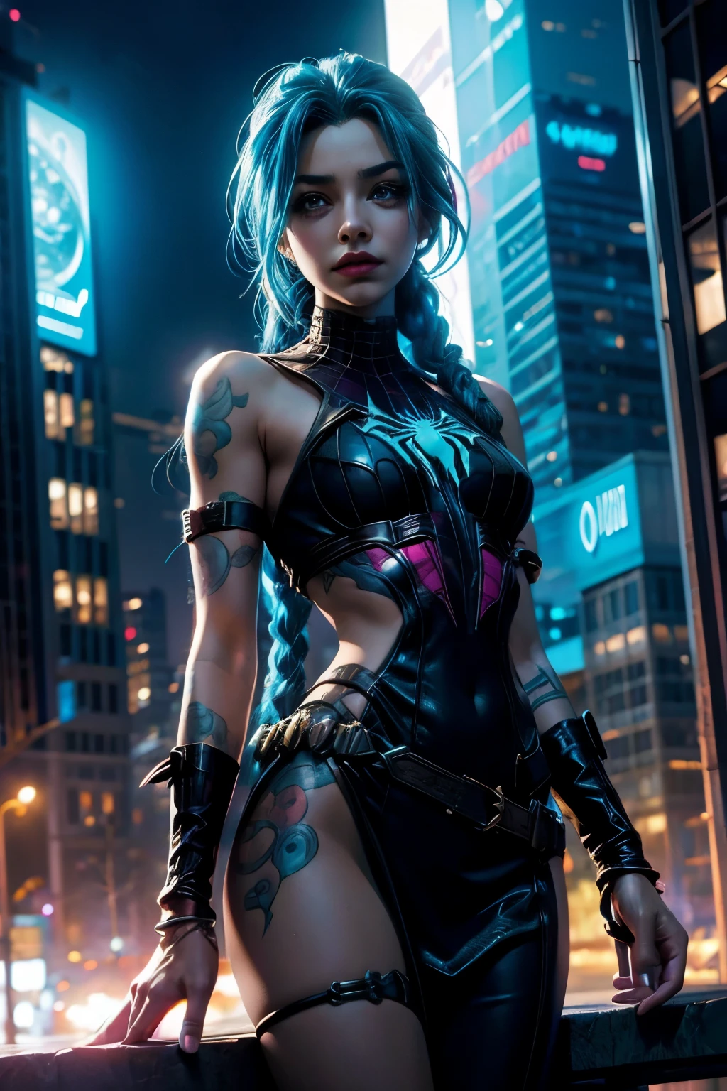 Jinx con pelo celeste, vestida de spider man. Super heroina. Ciudad de noche metropolis