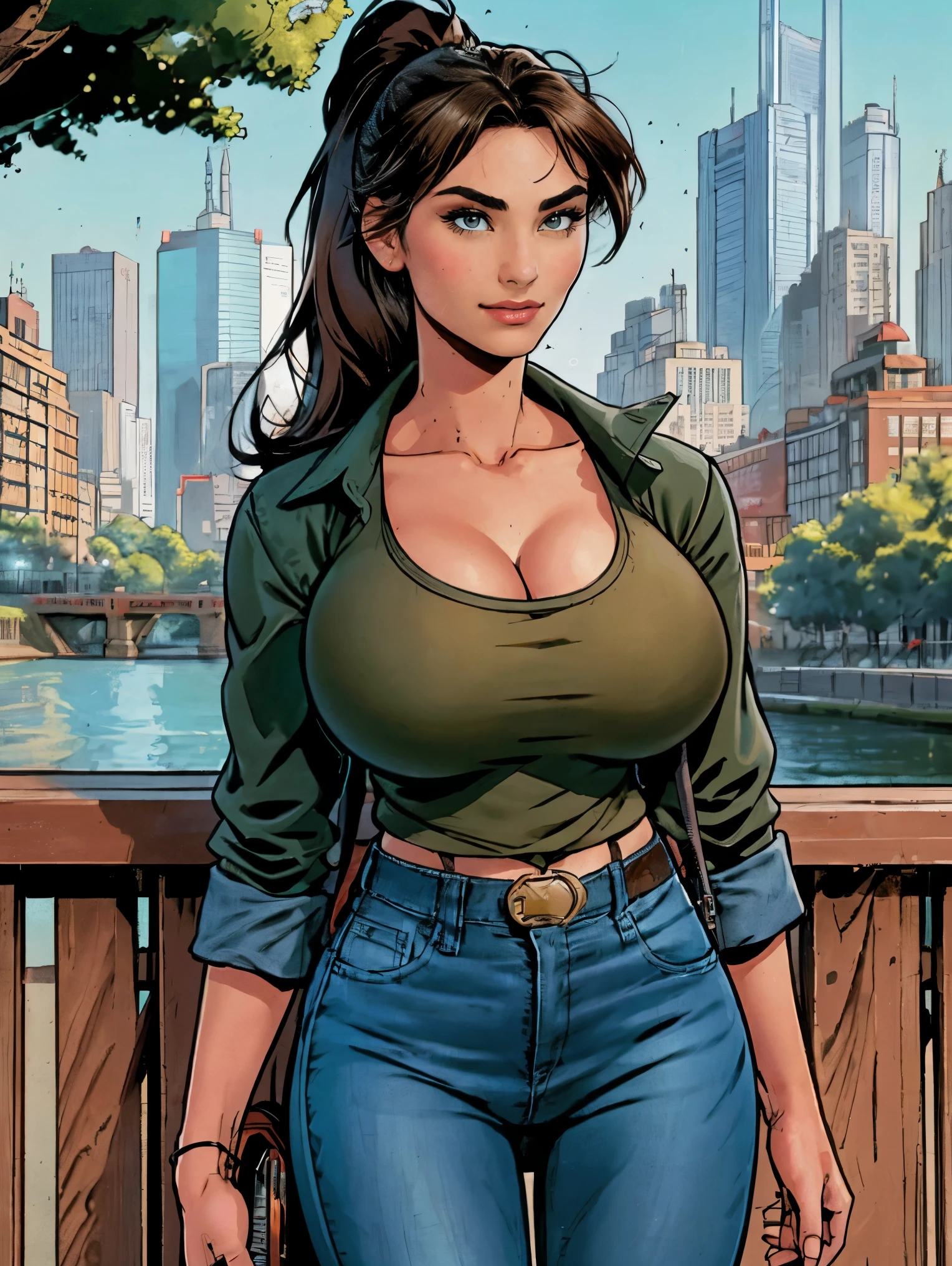 (masterpiece, top quality, best quality, official art, beautiful and aesthetic:1.2), (1girl:1.3), dark brown hair pulled back, elegant updo, extremely detailed, portrait, looking at viewer, facing viewer, solo, (full body:0.6), detailed background, close up, kindly eyes, (warm summer park theme:1.1), busty woman, charlatan, smirk, mysterious, long hair, huge ponytail, slim, thin, athletic, womanly, elastic woman, dark green jacket, tank top, blue jeans, hair bandana, camera bag, brunette, city, heroic, cheerful, city exterior, park, street, daylight, soft lighting, natural lighting, athletic, strong, slim waist, slim hips, long legs, muscular legs, modern (city park exterior:1.1) background, bright mysterious lighting, shadows, magical atmosphere, dutch angle,