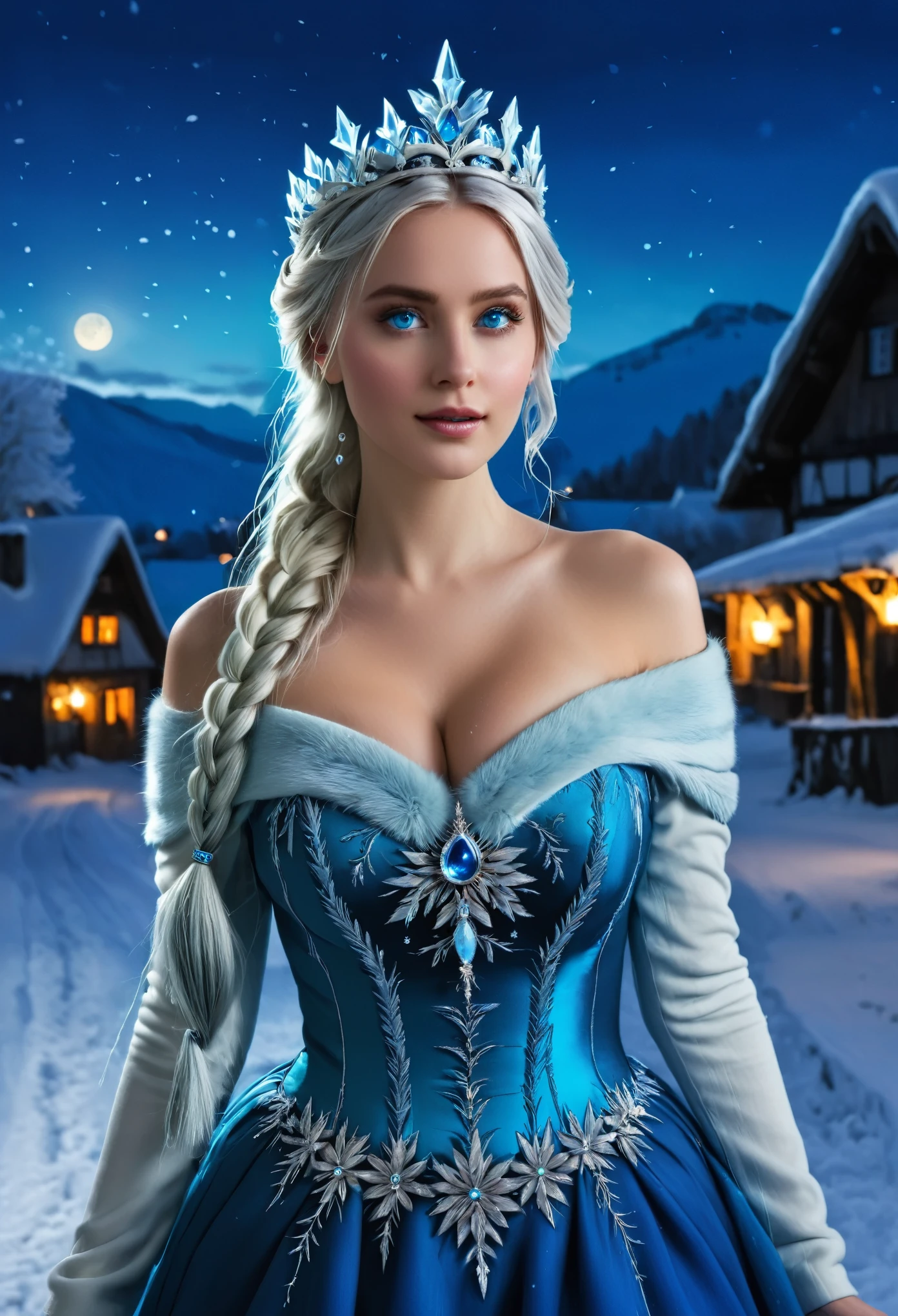 Nacht, ((1 girl)), allein, Meisterwerk, 8K Hintergrundbild, highres, absurdesten, hochwertiger Hintergrund, langes Haar, schwarzes Haar, mehrfarbiges Haar, Beautiful frozen village, (voller heller Mond), Blaues Kleid, detailliertes Kleid, Schmuck Kleid, (Magie:1.2), blue Feuer, blaue Augen, Glowing eyes, Feuer, Ice goddess, (Blue detailed beautiful crown), electricity, blue electricity, blaue Lichtpartikel