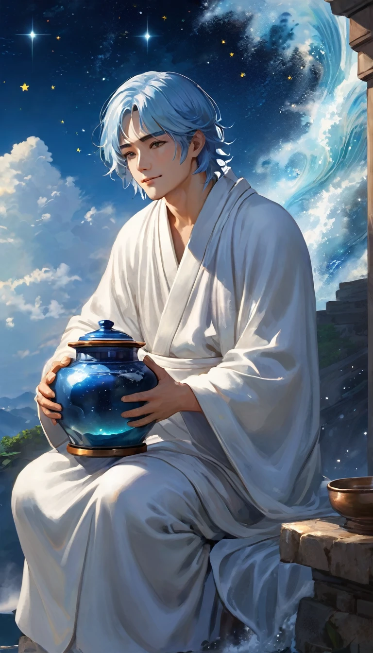 (8k, 16k, Awards, highest quality, High resolution, Super Detail, masterpiece: 1.3), (1 male), (男性はふたのないCeramic jarsを傾け、Throw out the water: 1.3), Overflowing water, (Falling water becomes a waterfall: 1.2, The power of waterfall), Beautiful man holding a large ceramic jar next to him, Ceramic jars, (Hold the ceramic jar by tilting it to the side: 1.1) , Man in white robe, Light blue hair, Starry sky sitting above clouds, Incarnation of Aquarius,