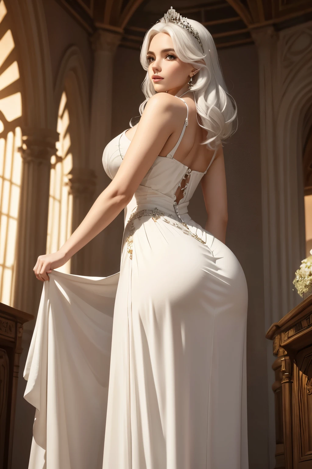 (a beautiful princess,shiny bright eyes, bright white hair,a long skirt, royal white dress, wide hips, beautiful buttocks, beautiful legs, view from below) (best quality,4k,8k,highres,masterpiece:1.2),ultra-detailed,(realistic,photorealistic,photo-realistic:1.37),fine art,studio lighting,vivid colors,concept artists,soft and warm color tones,gentle and diffused lighting