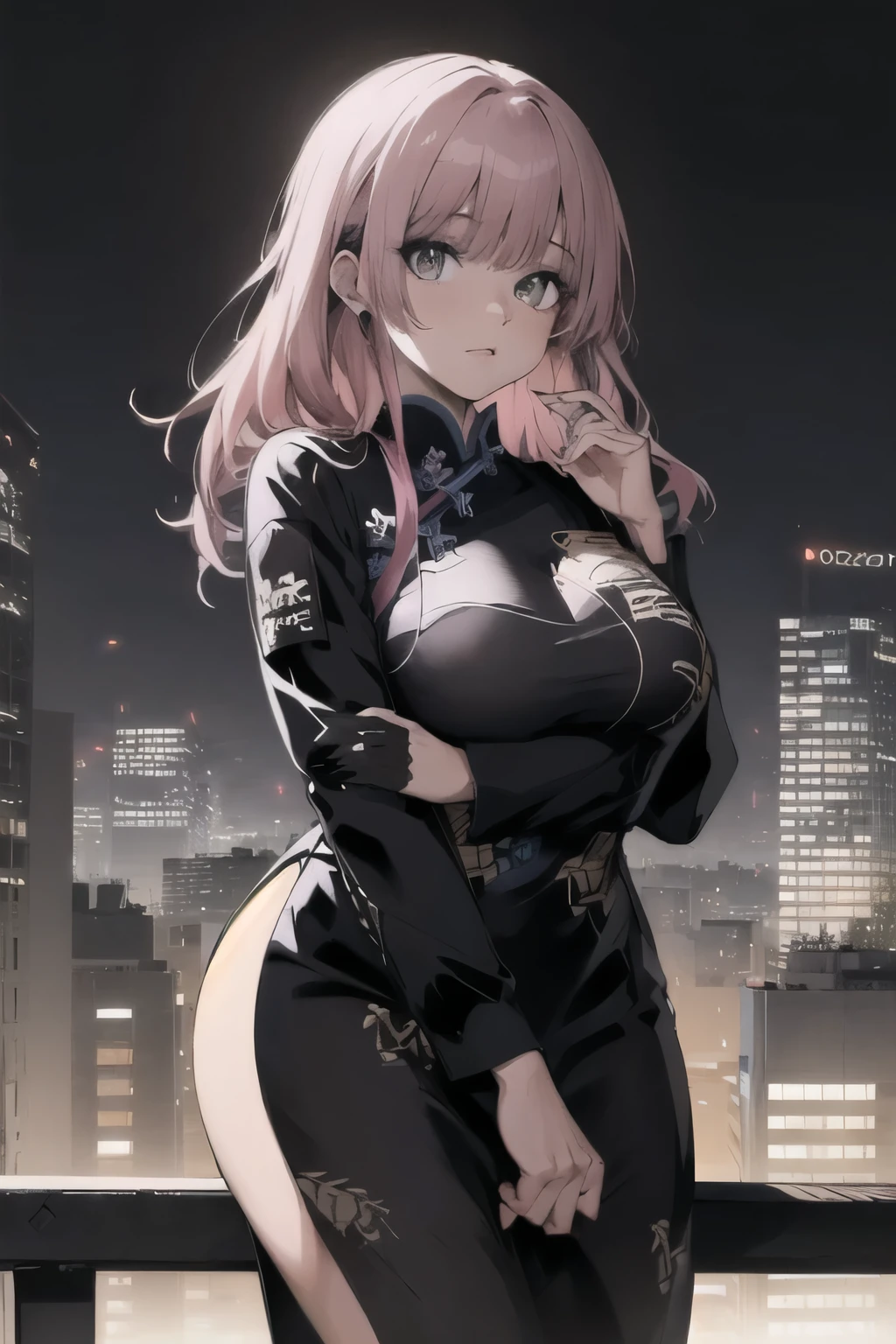 anime, (obra de arte, melhor qualidade, ultra-detalhado, alto contraste), 1 mulher (Sozinho, corpo todo, corpo plus size, standing on the edge of the skyscraper, cabelo prateado, LONGO Em um rabo de cavalo, olhos vermelhos brilhantes de rubi, (qipao preto, black cybernetics with neon pink), meias pretas transparentes), (skyscraper roof, com vista para uma cidade, fundo detalhado ((night time, Darkness, low light pollution)))