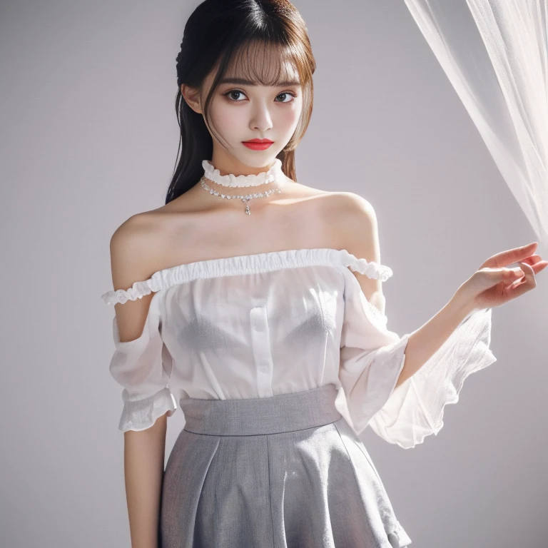 (highest quality, masterpiece), One girl, Intricate details, White fabric off-shoulder, Light grey skirt, choker, Frills, See-through, View your viewers, blush, Upper Body, Blurred Background, Contrasting、Neat、cute、(Subtle makeup),see-through bra