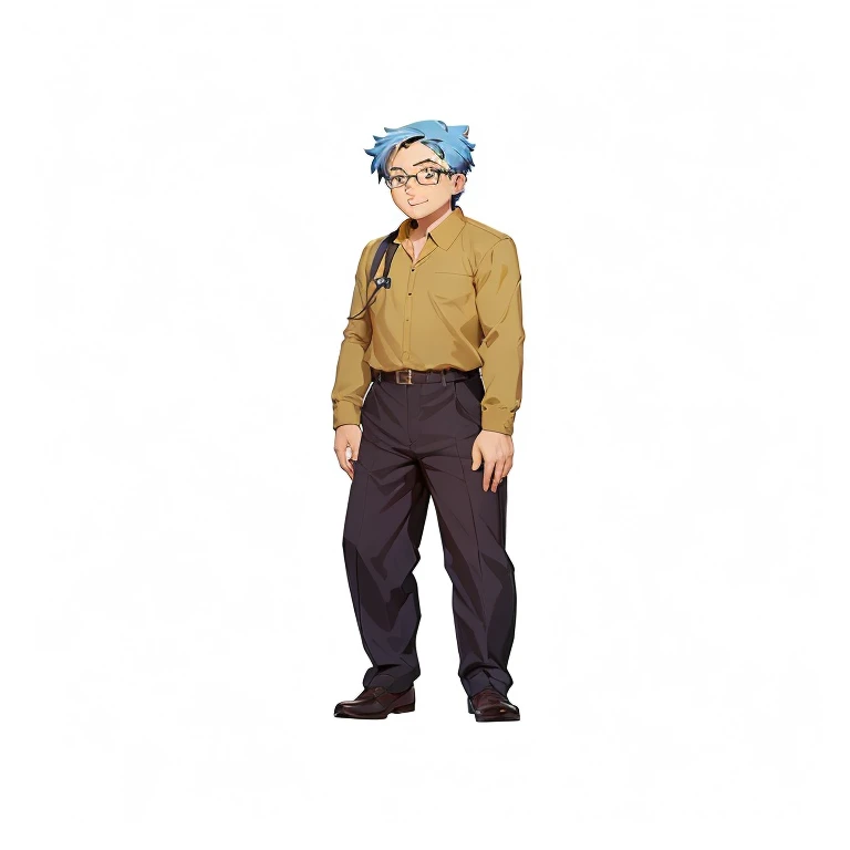cartoon of a man with glasses and a brown shirt standing, character full body portrait, full body character portrait, full-body character portrait, single character full body, official character art, fullbody portrait, full body single character, official character illustration, ryuta ueda artwork, hayao miyazaki style, professor clothes, full body character, RPG Maker Anime Style , visual novel bust style, front facing character, semi realistic, clad in a dark blue Barong Tagalog. The teacher, resembling a scientist, wears a long white lab coat over a casual blue shirt, untucked. His light, dark yellow pants match the hue of aged cheese, complemented by black shoes for a polished look."