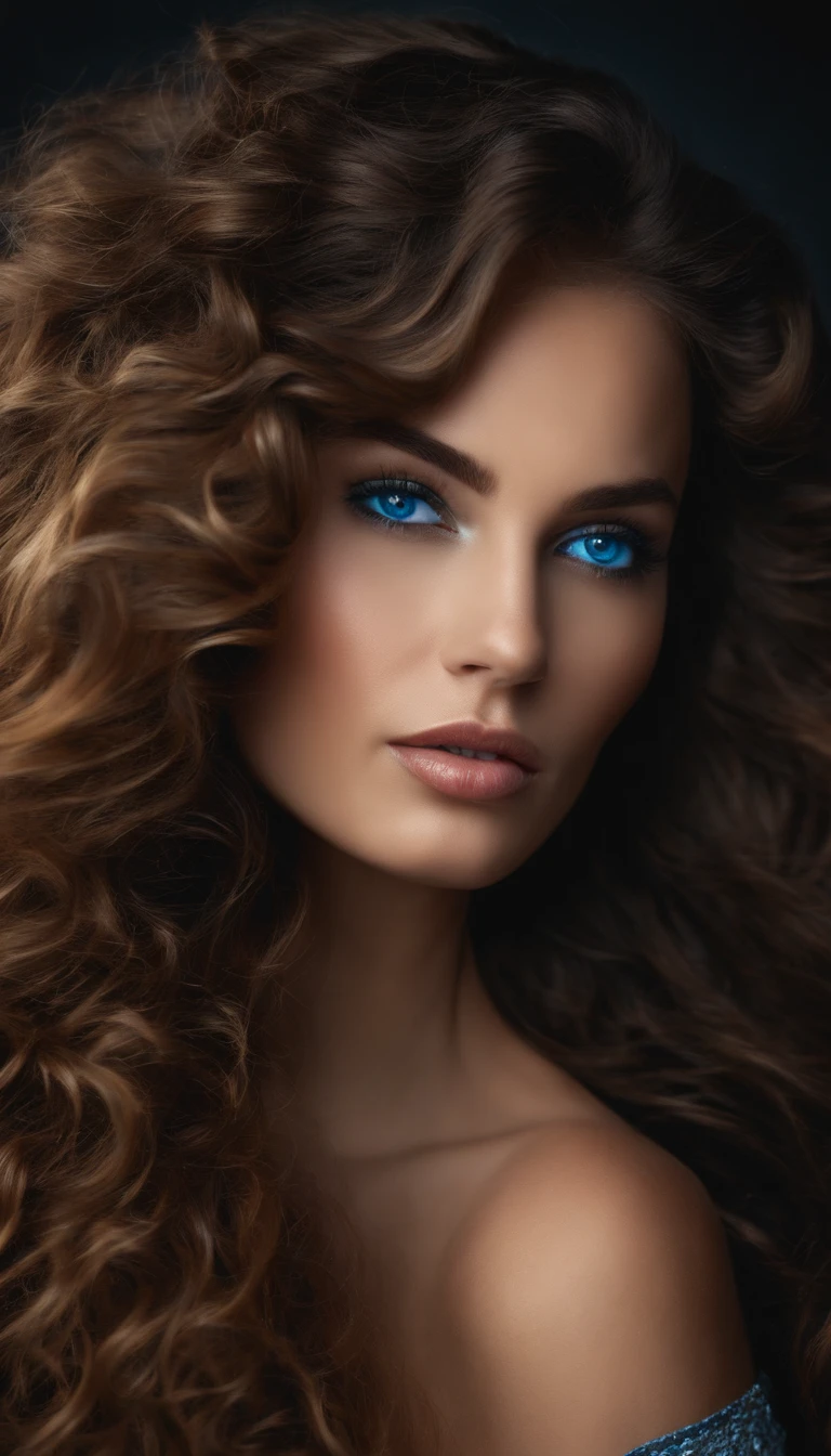 Woman with long hair with defined curls beautiful woman with blue eyes