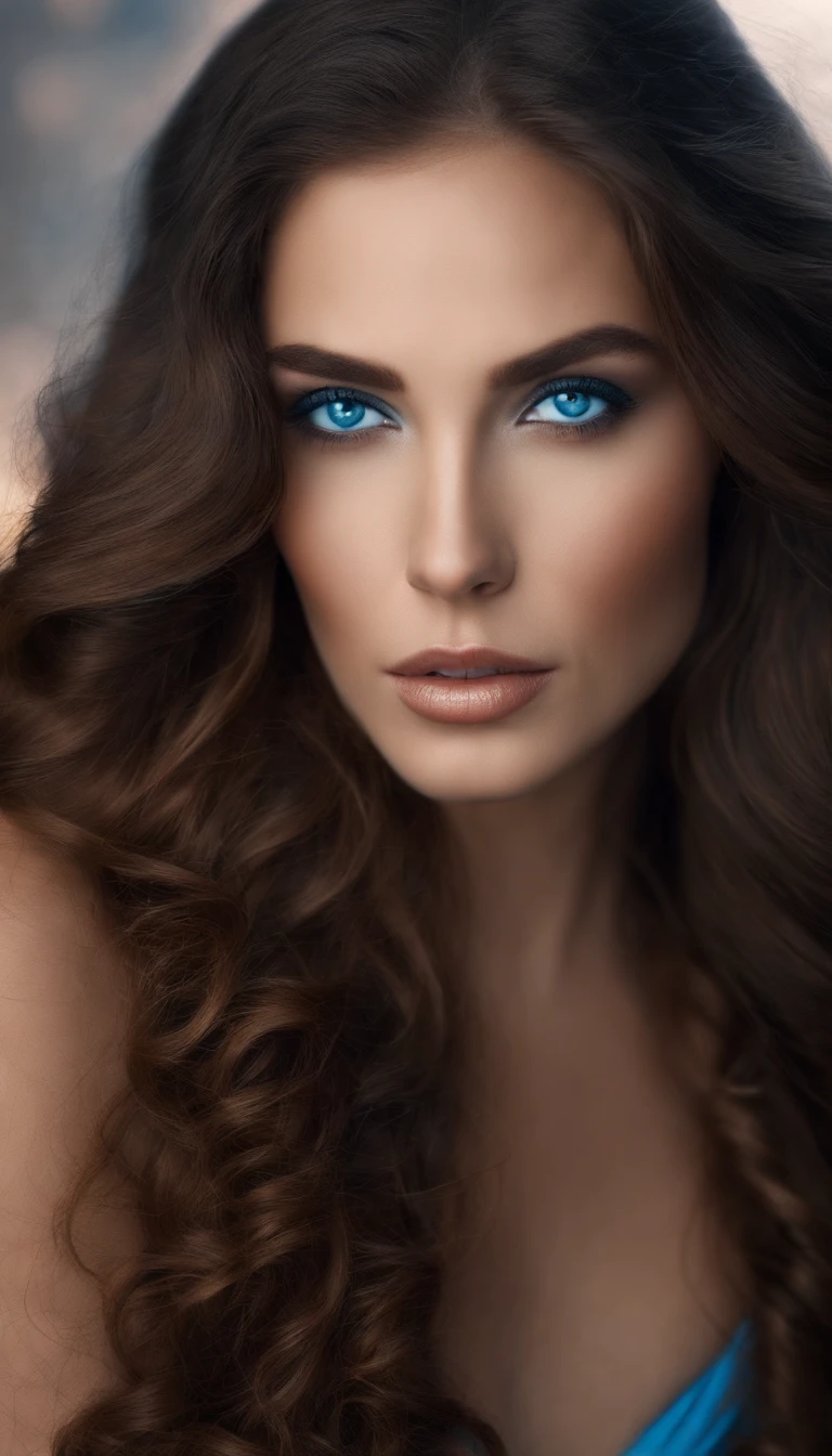 Woman with long hair with defined curls beautiful woman with blue eyes