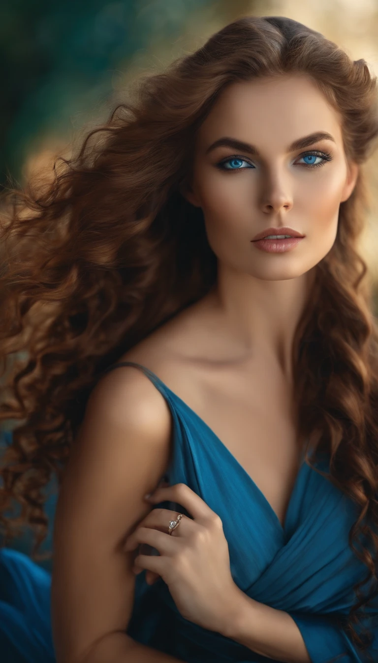Woman with long hair with defined curls beautiful woman with blue eyes
