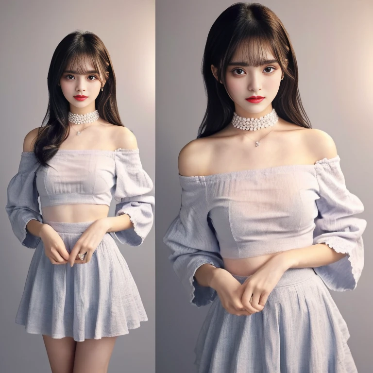 (highest quality, masterpiece), One girl, Intricate details, White fabric off-shoulder, Light grey skirt, choker, Frills, See-through, View your viewers, blush, Upper Body, Blurred Background, Contrasting、Neat、cute、(Subtle makeup:1.2),see-through bra,Large Breasts