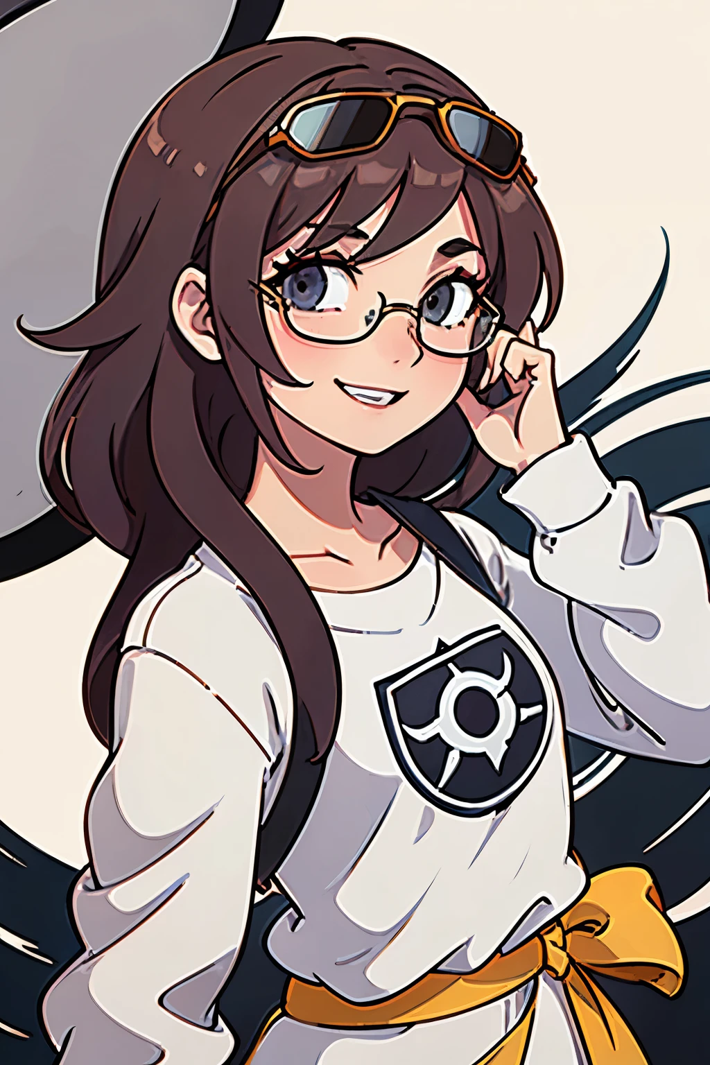 Uma garota cabelos castanhos, classic aviator glasses on head, sorridente, estilo anime