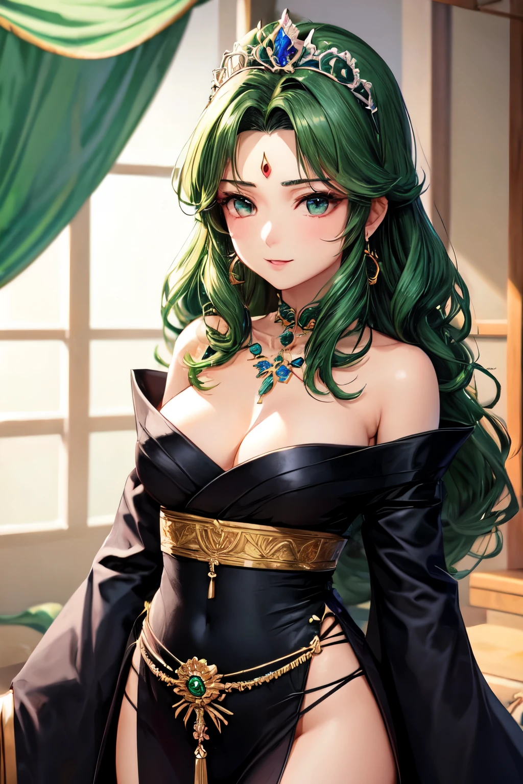 mujer de cabello blanco, con un vestido japones tradicional negro, ojos verde esmeralda, un collar con joyas verdes, una tiara negra con joyas verdes esmeralda, (detallado)