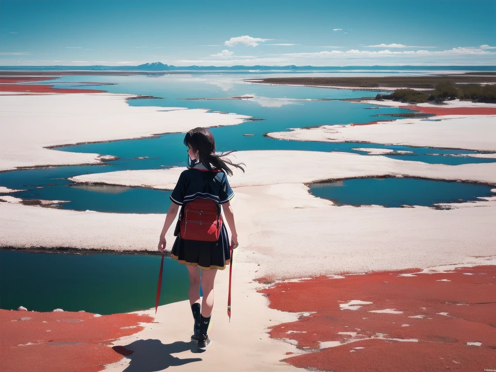 (from above:1.2), (from back, looking away:1.4), (Standing on the surface of Salar de Uyuni:1.2),stunningly beautiful scene, Reflection of the sky and cloud on the surface of the water, very cute and beautiful anime girl walking through the middle of it, 20 years old,extremely-detailed-face-and-eyes, Bolivian national costume, Brown skin, (best quarity,ultra detailed,ultra-high-resolution, absolutely resolution,8k, masterpiece),