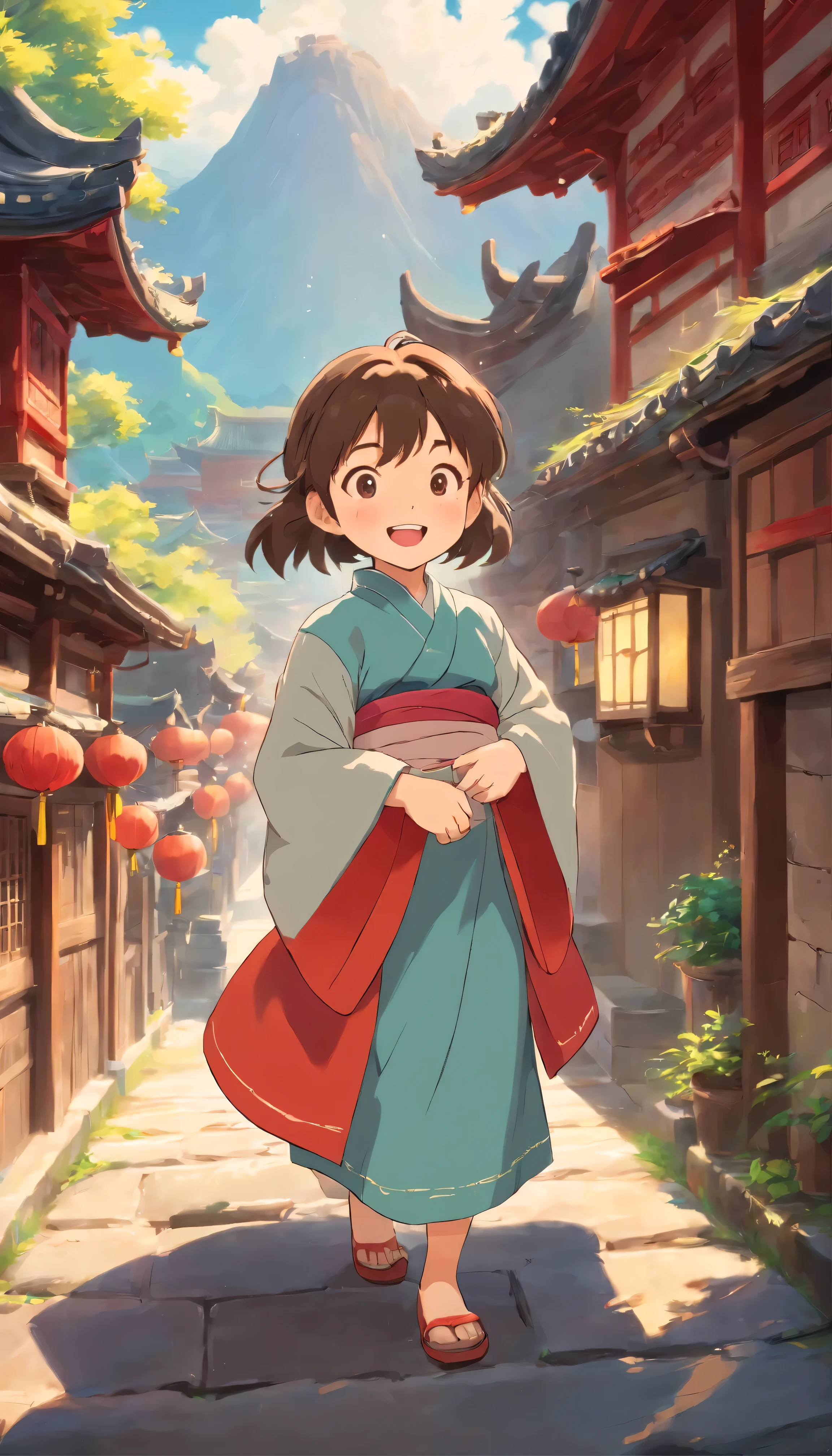 {{Masterpiece, best quality, extremely detail CG, unity 8k wallpaper, cinematic lighting}}teeth、A young woman in ancient Chinese clothing、It depicts a plump baby in her arms.。Full body scene teeth、It takes place against the backdrop of ancient wooden architecture and surrounded by sunny, blue skies.。The main character's prominent appearance is teeth.、With a captivating smile、I have big, beautiful, warm and sparkling eyes.。Long and thick eyelashes、A playful shadow cast on her perfect cheeks。