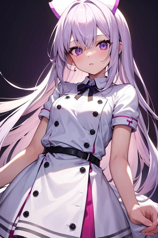 2D character design, female, White lilac two-tone long hair, Dressed as a white nurse, purple eyes, detailed, best quality, bright, cute, without hands