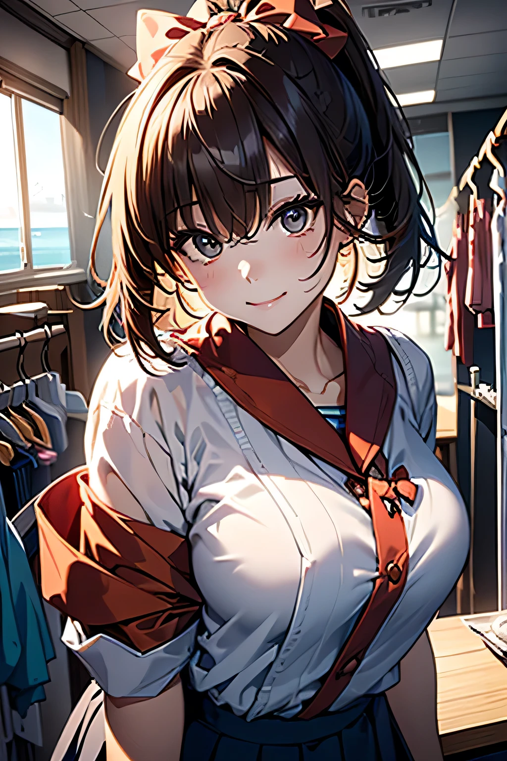 (((Adult female:1.3))),(((Change clothes in the changing room:1.3))),(((clothes on hangers:1.3))),(((Sailor suit))),(((Pleated skirt revealing skin))),(Dark red bow tie:1.3),Cute face,Extreme close up of face,Shiny light brown and orange striped short hair,Messy ponytail,Cute Smile,Perfect round face,iris,(hairpin、ponytail、Floating Hair、),Large Breasts.Professional Lighting,Cinematic Light,(Tabletop,highest quality,Ultra-high resolution output images,) ,(8K quality,),(Ocean Art 2.0 Mode:1.3),(Picture Mode Ultra HD,)