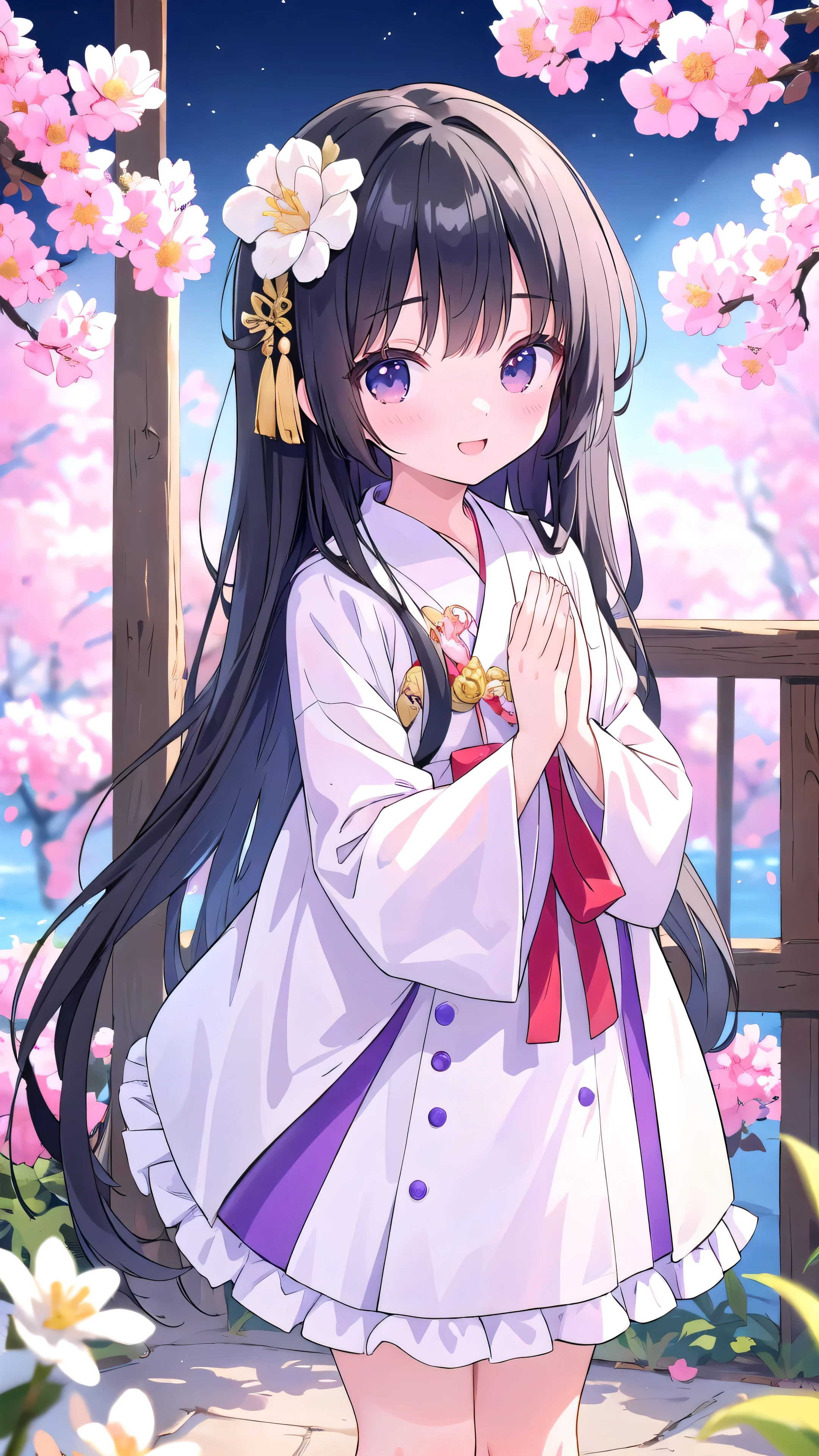 Normal of chest、masterpiece、8K wallpapers incorporating detailed CG、Two girls and two boys、12 years old、Baby Face、beautiful、smile、、Genuine、Blurred、Blurred_background、Blurred_prospect、branch、Plum offlower、depth_of_Field、flower、gem、nose、Realistic、pale black hair、alone、Shrine maiden costume、Hide your fingers、Hide your arms、whole body、Long Hair、Straight bangs、