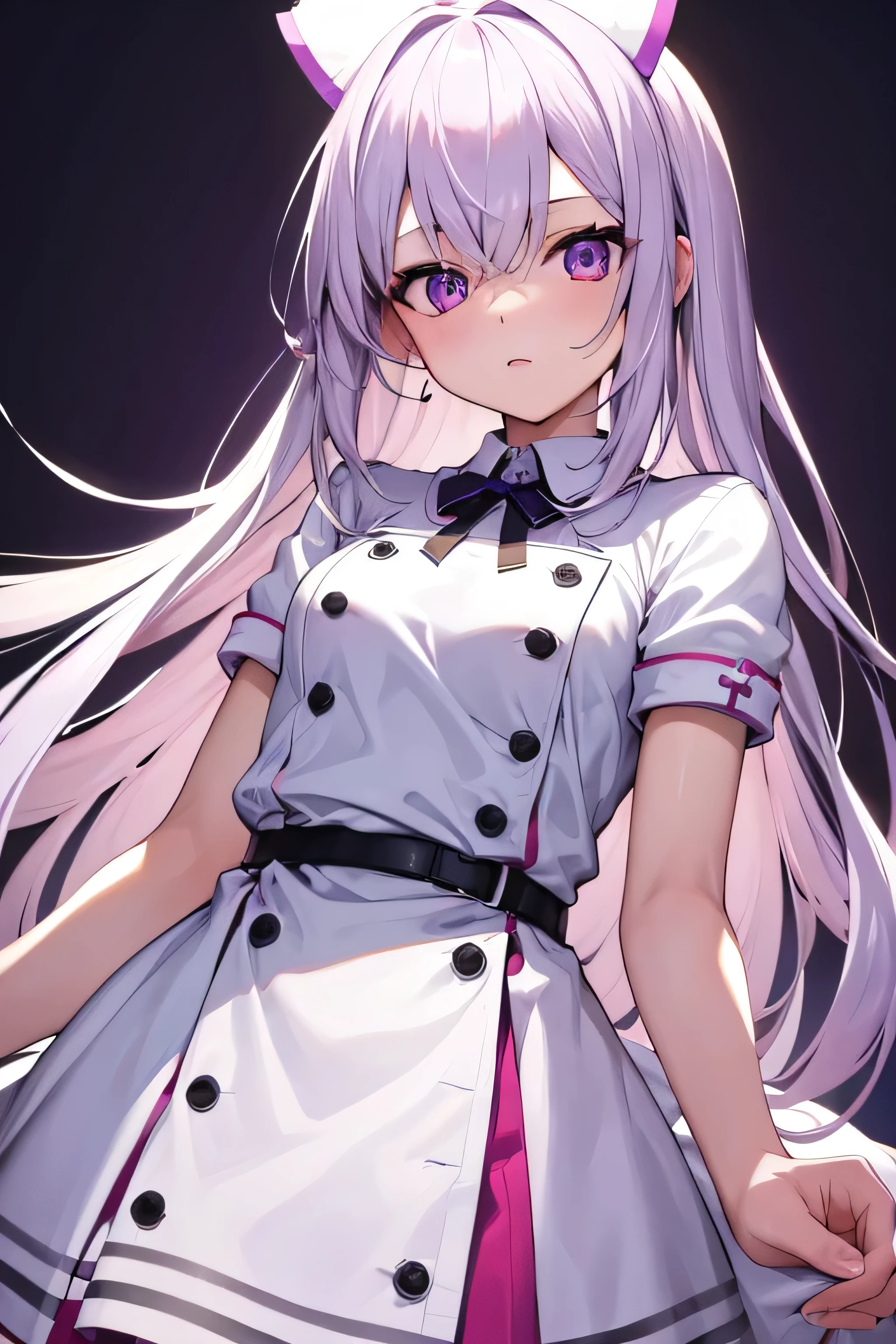 2D character design, female, White lilac two-tone long hair, Dressed as a white nurse, purple eyes, detailed, best quality, bright, cute, without hands