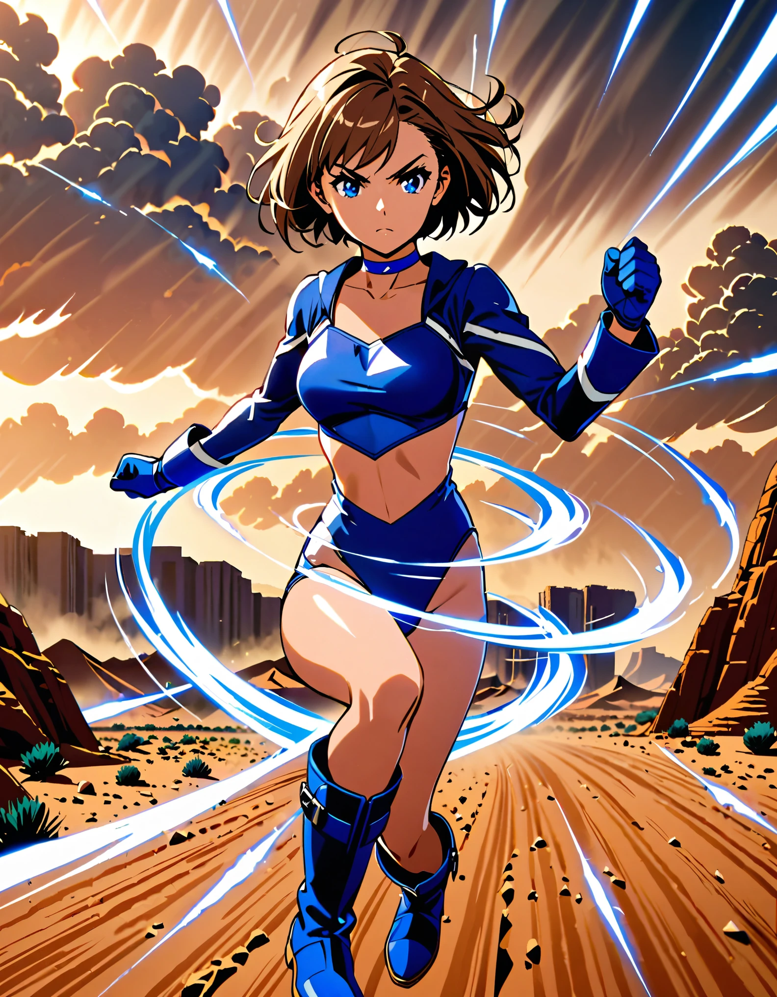 1girl, superhero, blue choker, blue eyes, blue footwear, blue gloves, boots, (leotard, midriff, long sleeves), medium breasts, brown hair, knee boots, short hair, bob hair, solo, determined, full body, college-age female. raised arms. desert backdrop, sandstorm. She spins at an incredible speed, creating a whirlwind of air around her. She rotates her body in place at super speed. She spins fast in place like a tornado. Cyclone spinning. Rapid gyration. Tornado winds around her. She super-spins. Spiral lines around her body. Curved sword slash.