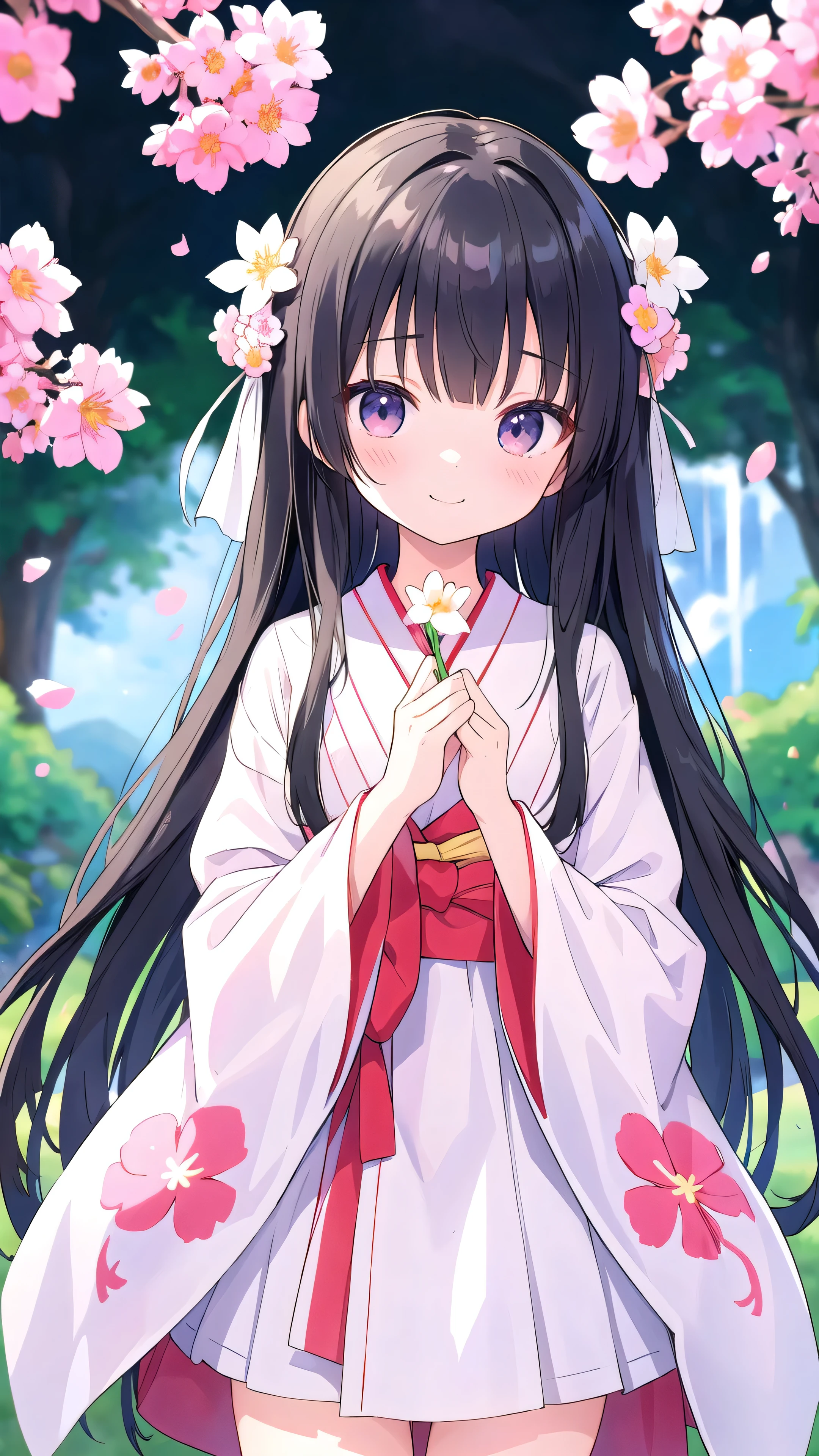 Normal of chest、masterpiece、8K wallpapers incorporating detailed CG、Two girls and two boys、、Baby Face、bemile、、Genuine、Blurred、Blurred_background、Blurred_prospect、branch、Plum offlower、depth_of_Field、flower、gem、nose、Realistic、pale black hair、alone、Shrine maiden costume、Hide your fingers、Hide your arms、whole body、Long Hair、Straight bangs、