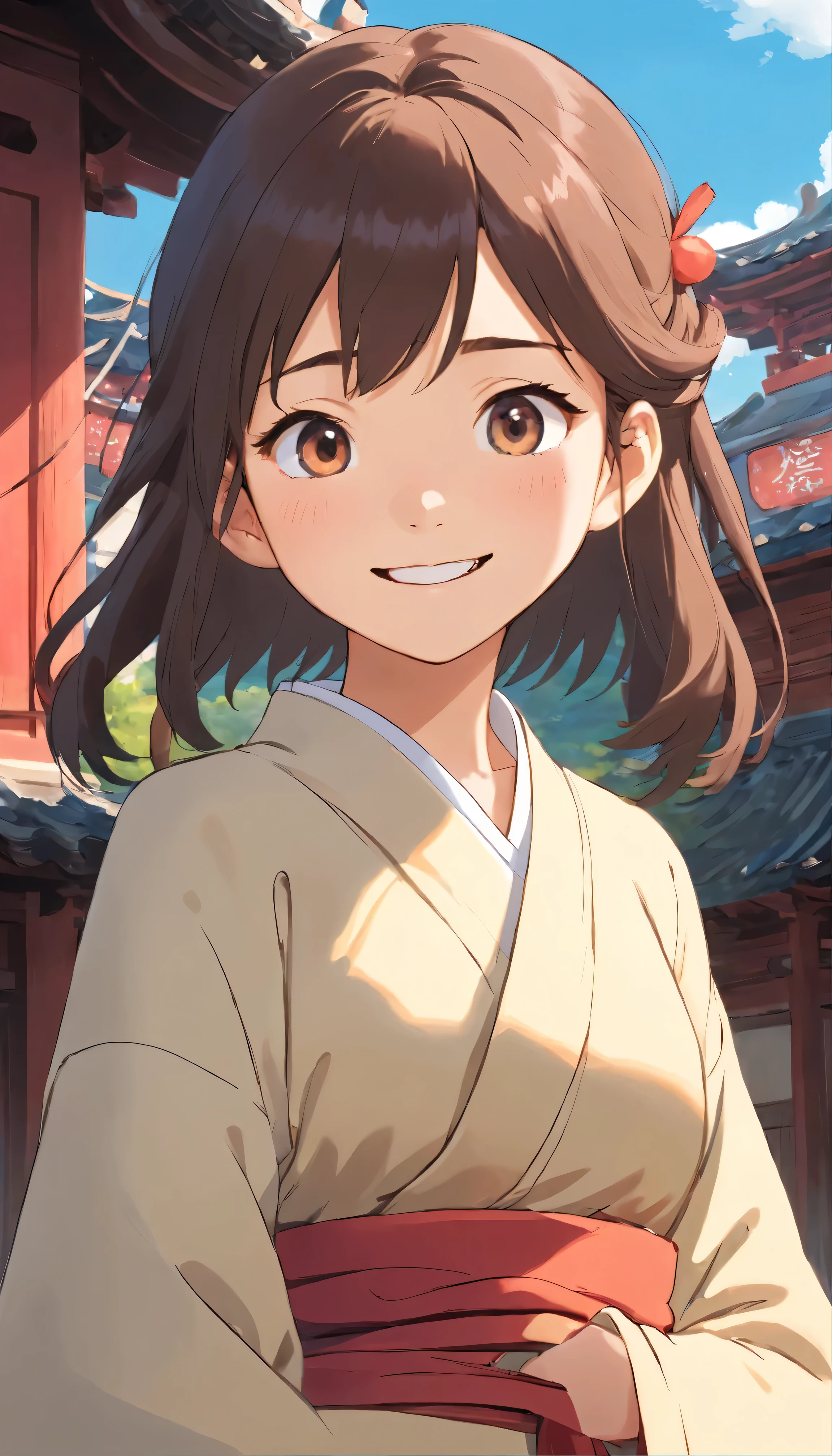{{Masterpiece, best quality, extremely detail CG, unity 8k wallpaper, cinematic lighting}}teeth、A young woman in ancient Chinese clothing、It depicts a plump baby in her arms.。Full body scene teeth、It takes place against the backdrop of ancient wooden architecture and surrounded by sunny, blue skies.。The main character's prominent appearance is teeth.、With a captivating smile、I have big, beautiful, warm and sparkling eyes.。Long and thick eyelashes、A playful shadow cast on her perfect cheeks。
