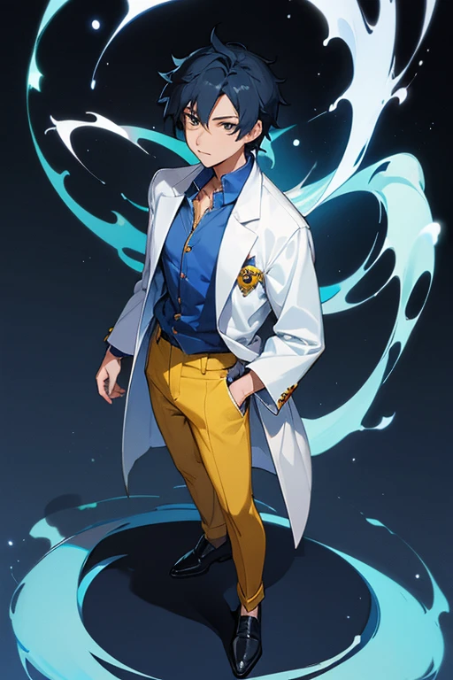 RPG Maker Anime Style , visual novel bust style, front facing character, semi realistic, wearing in a dark blue Barong Tagalog. The teacher, resembling a scientist, wears a long white lab coat over a casual blue shirt, untucked. Wearing dark yellow pants, complemented by black shoes for a polished look."