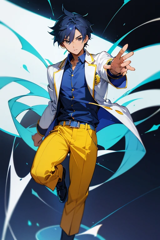 RPG Maker Anime Style , visual novel bust style, front facing character, semi realistic, wearing in a dark blue Barong Tagalog. The teacher, resembling a scientist, wears a long white lab coat over a casual blue shirt, untucked. Wearing dark yellow pants, complemented by black shoes for a polished look."