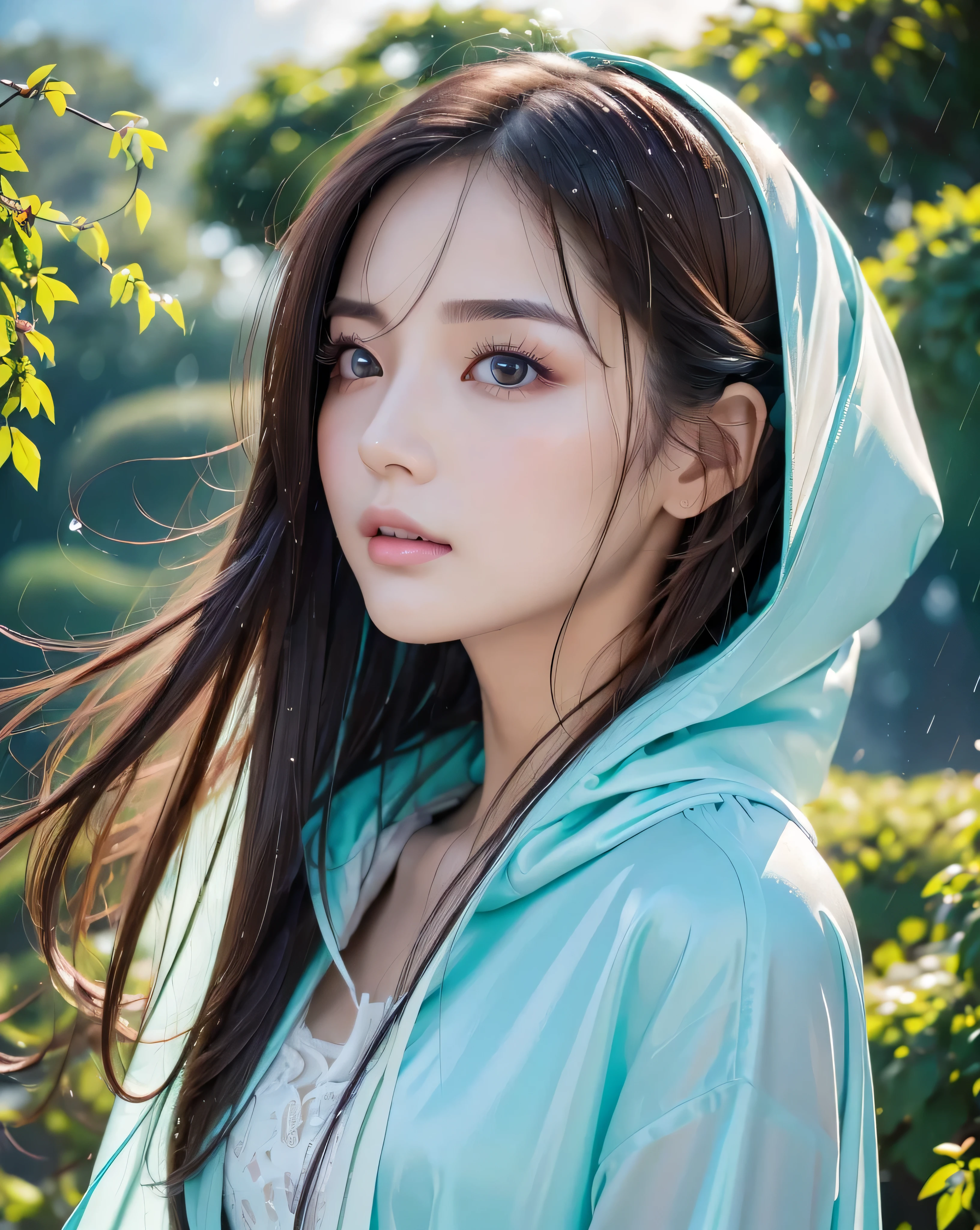 (highest quality, 32k, High resolution, Masterpiece:1.5), marimo_jet, Fantastic Silence, ((Decadent world:1.2)), Ancient ruins submerged in a clear blue lake, ((Grass and vines overgrow)), Beautiful Japanese Woman, An exceptionally beautiful face, ((Shiny wet brown hair)), ((Super long straight silk hair swaying in the wind)), Asymmetrical bangs, Magically large eyes, A profile with a fleeting expression, Smooth and soft white skin, Beautiful thin and fine eyebrows, double eyelid, Natural Makeup, Pale pink detailed lips, ((Turquoise hooded raincoat:1.0)), Slim figure, ((Soft rain falling from a cloudy sky)), Professional Lighting, Professional Photographer, Professional Model