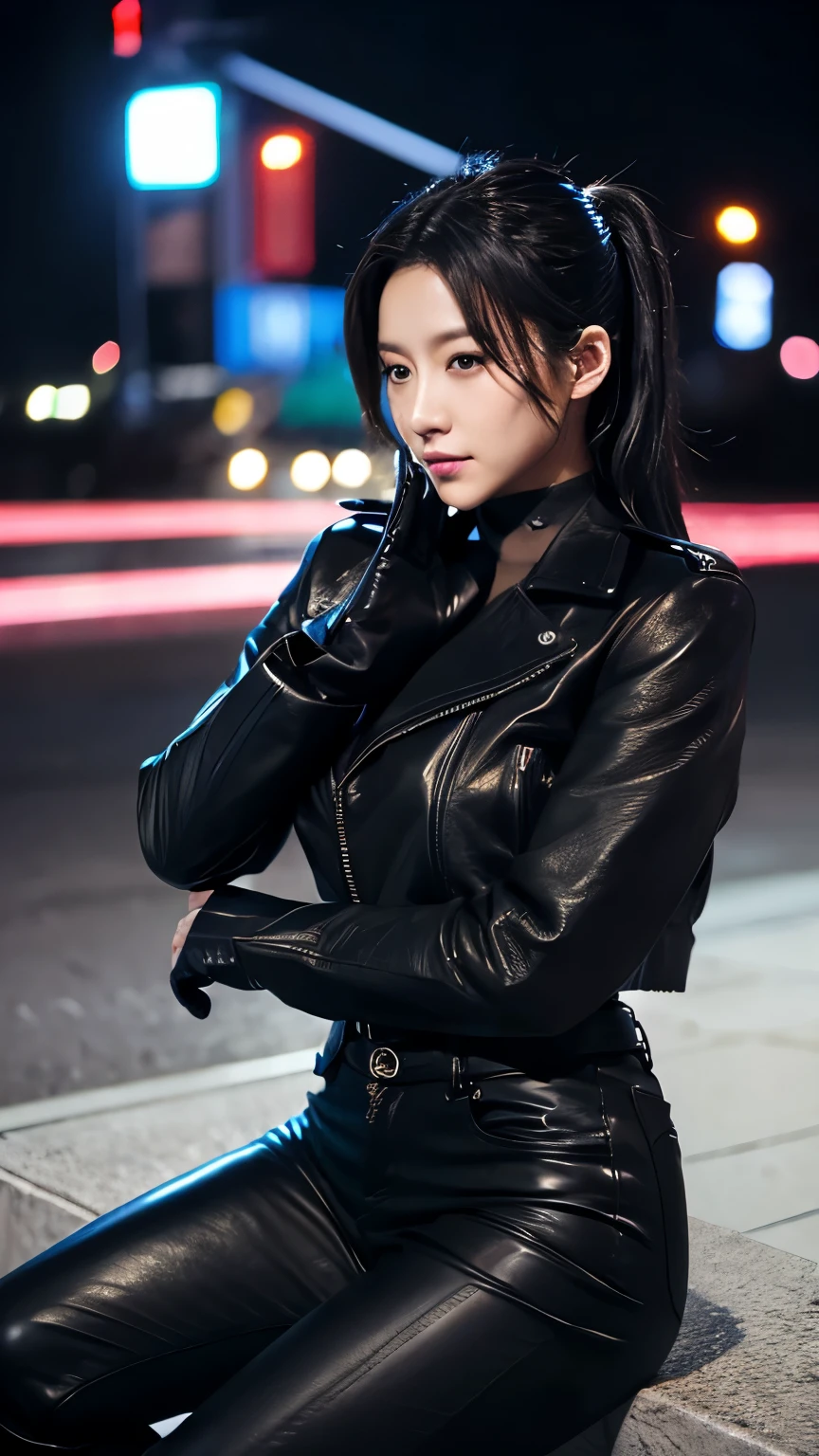 black leather rider jacket, Office in the Dark, Black leather gloved fingertips on both hands,Wearing black leather gloves,Sitting in a black leather chair、 Japanese female new recruits (Black leather gloves cover both hands) (The angle is horizontal)、Black Leather Pants,Black Leather Black Leather Pants,Black Leather Skinny Pants、Long black leather boots on both feet、Black hair ponytail ((He wears black leather gloves on his hands))Full Body Photo,full body shot full body full body leather suit,☺If you turn in this direction。Wearing black leather gloves,Wearing black leather gloves,Wearing black leather gloves,Wearing black leather gloves,Wearing black leather gloves,Wearing black leather gloves,黒のレザーパンツが美しい😍黒のレザーパンツが美しい😍黒のレザーパンツが美しい,😍Smiling while looking at me,City lights、((Neon Cyberpunk City Street:1.3))、(Neon Light)、Detailed lighting、
Best image quality、Ultra-high resolution、(realism:1.4)、Korean Beauty Star、The most beautiful KPOP stars、face、Horny Korean Makeup、A body that makes you want to touch it、Realistic leather texture、Costume made of smooth leather fabric、The drape of the curved parts of the leather fabric、The costume is very shiny、Quality of the costume、8K Photo Quality